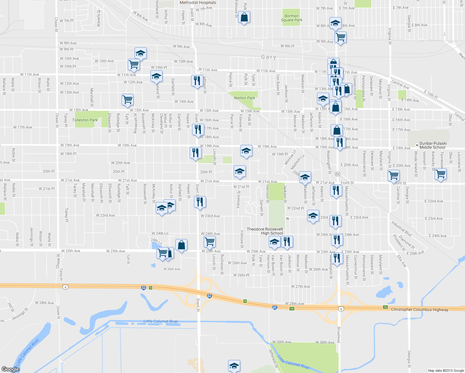 map of restaurants, bars, coffee shops, grocery stores, and more near 1198 West 21st Place in Gary