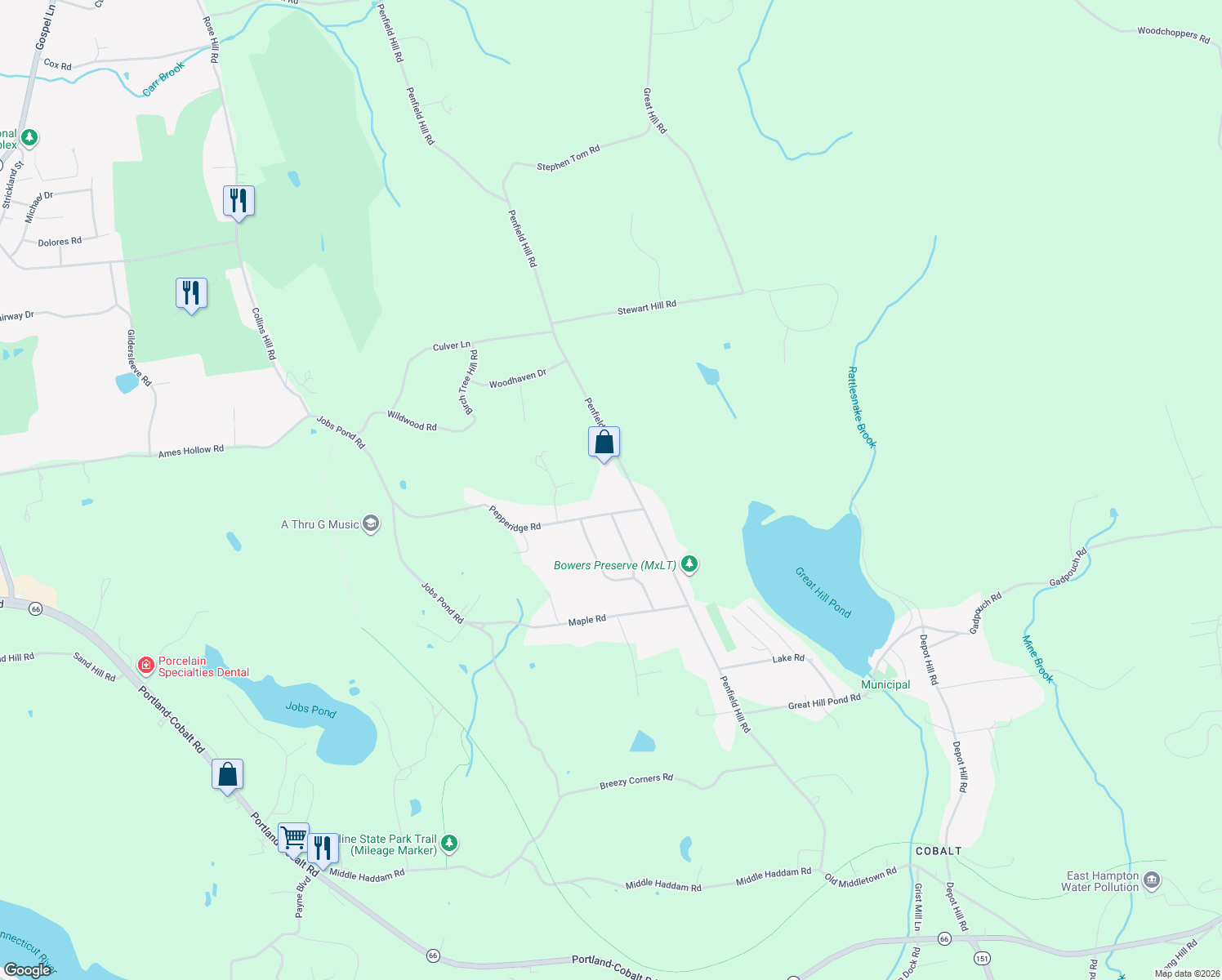 map of restaurants, bars, coffee shops, grocery stores, and more near 254 Penfield Hill Road in Portland