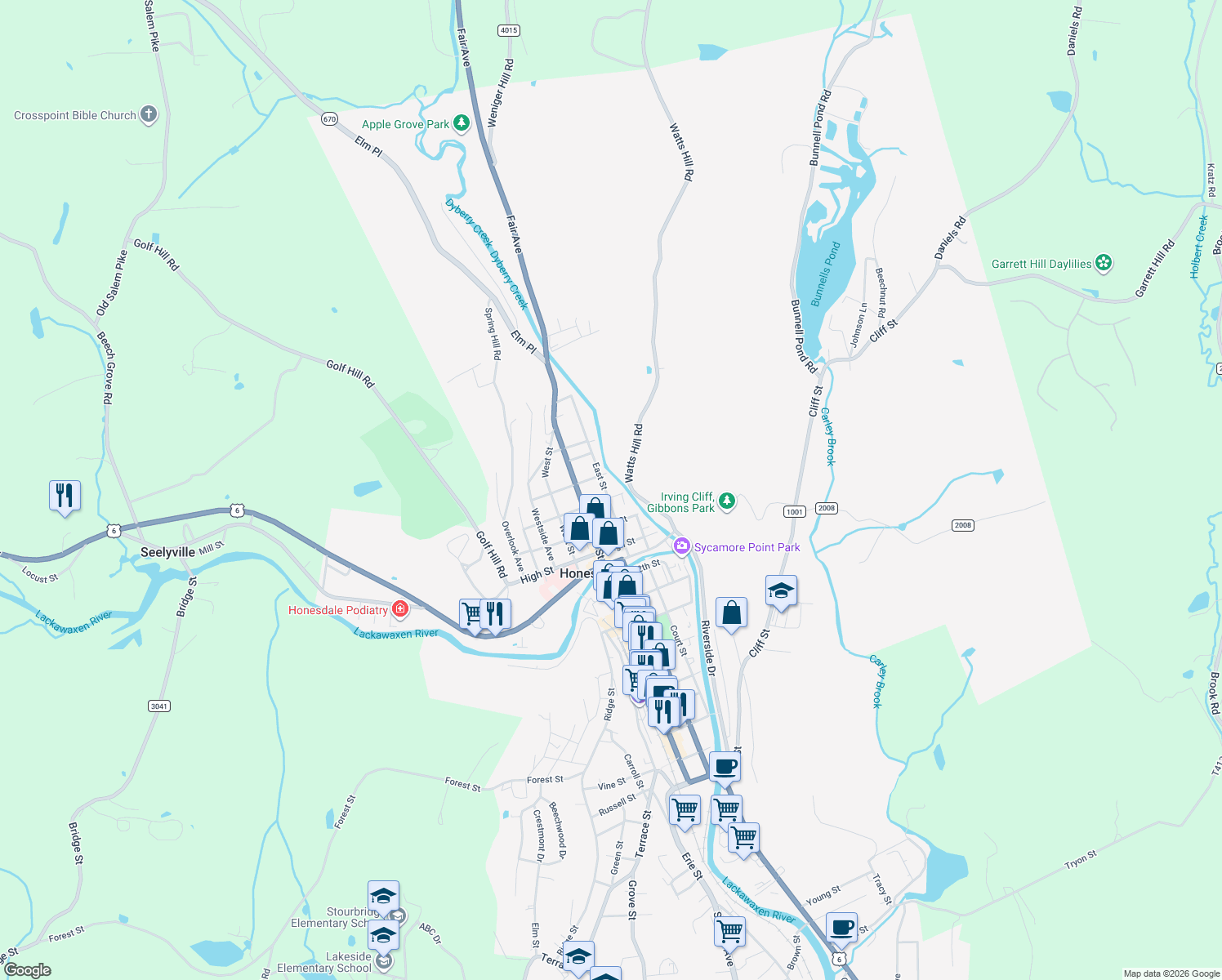 map of restaurants, bars, coffee shops, grocery stores, and more near 1407 East St in Honesdale