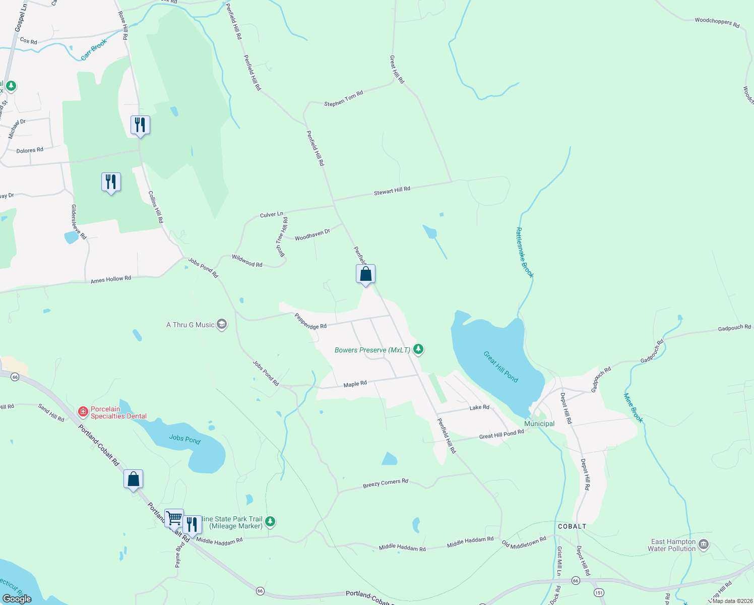 map of restaurants, bars, coffee shops, grocery stores, and more near 254 Penfield Hill Road in Portland