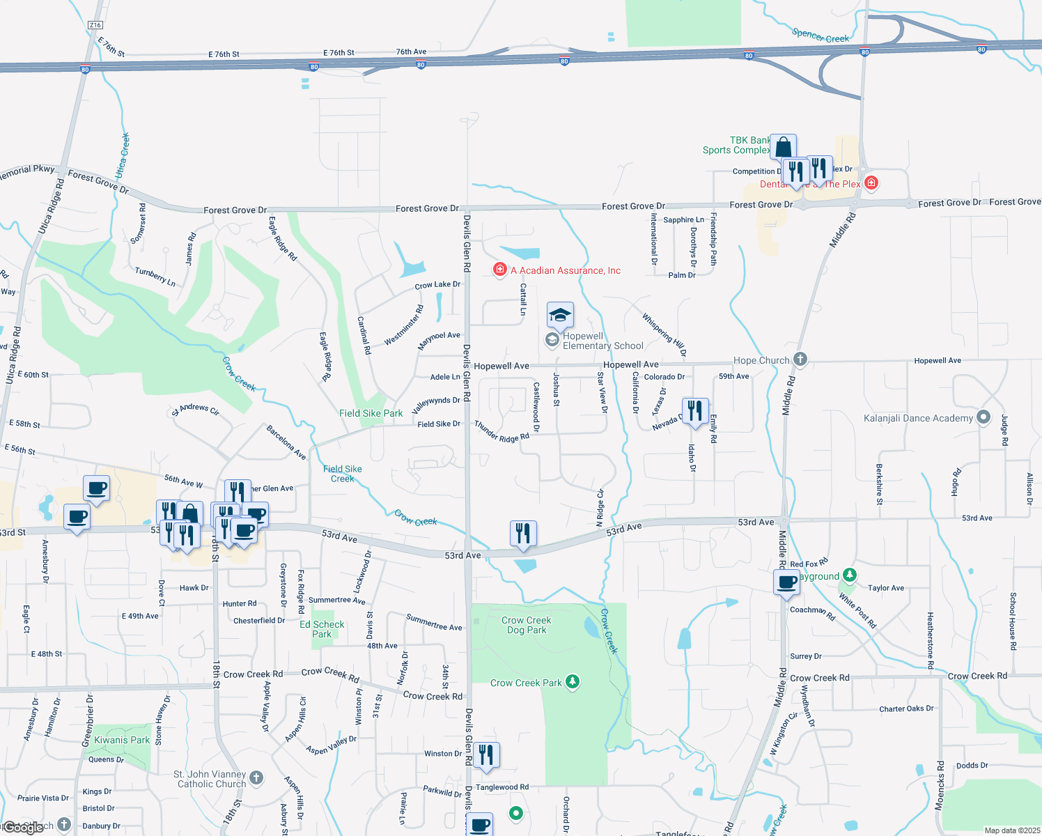 map of restaurants, bars, coffee shops, grocery stores, and more near 5741 Thunder Ridge Road in Bettendorf