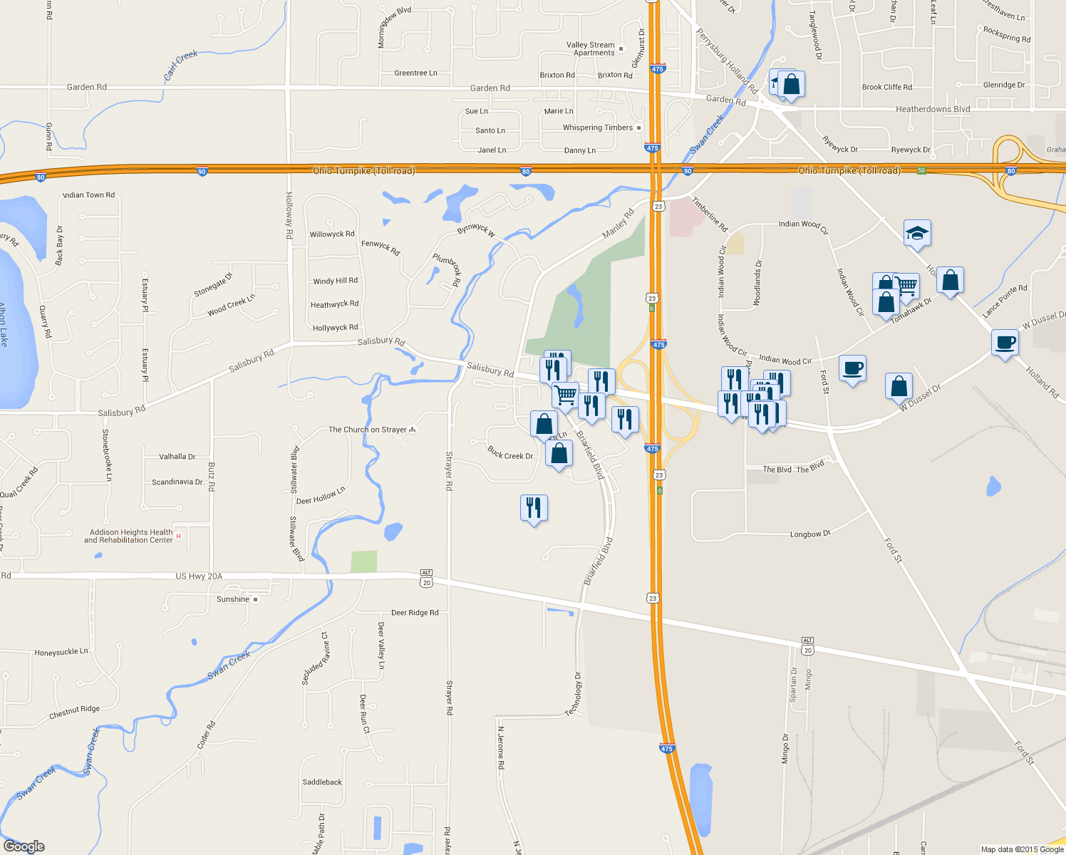 map of restaurants, bars, coffee shops, grocery stores, and more near 6533 Foxtail Lane in Maumee