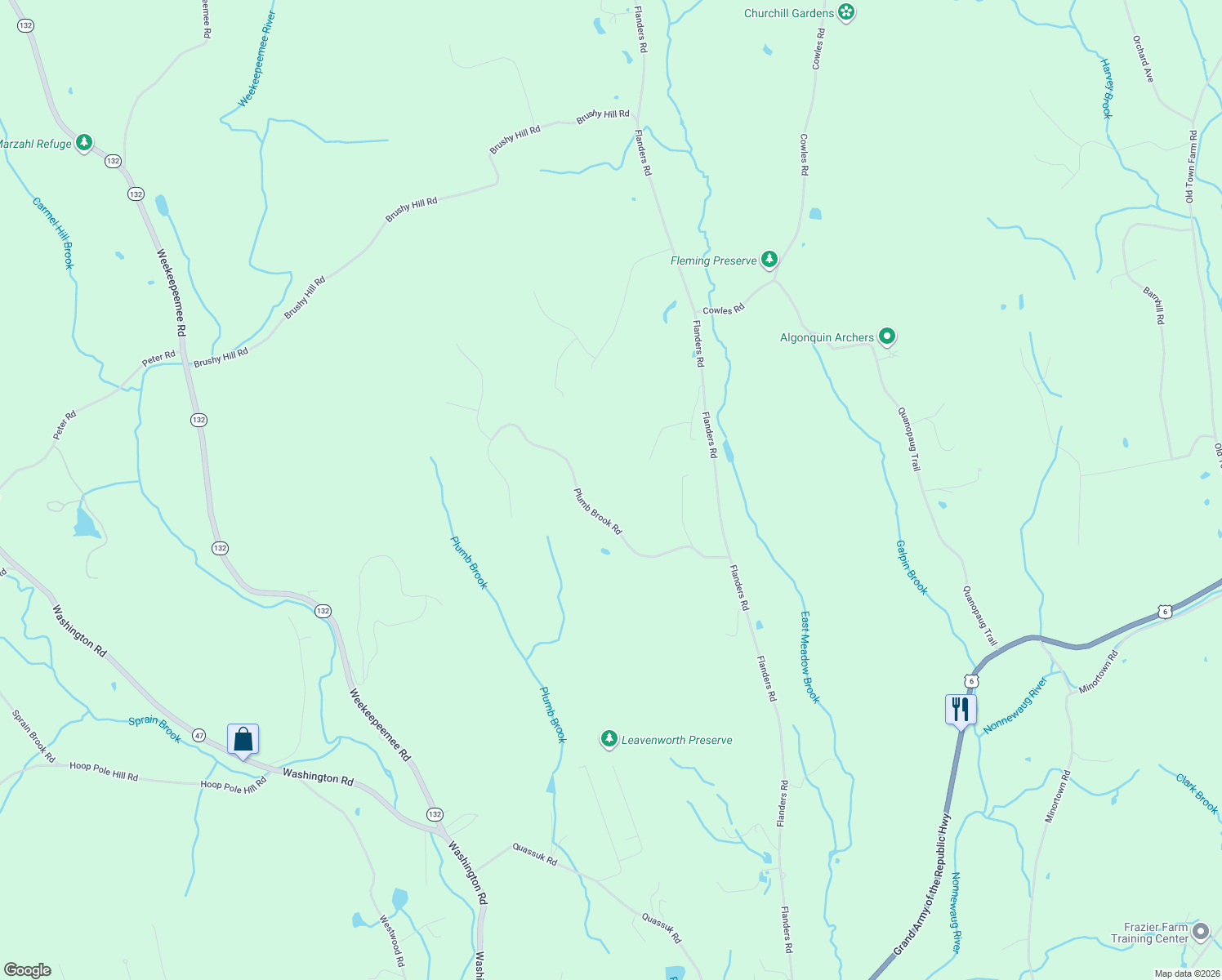 map of restaurants, bars, coffee shops, grocery stores, and more near 86 Plumb Brook Road in Woodbury