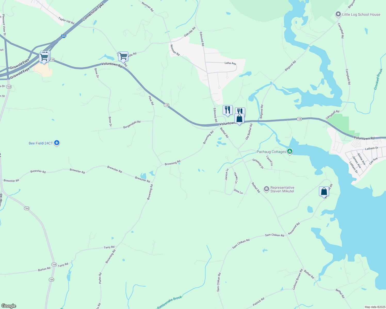 map of restaurants, bars, coffee shops, grocery stores, and more near 81 Browning Rd in Griswold