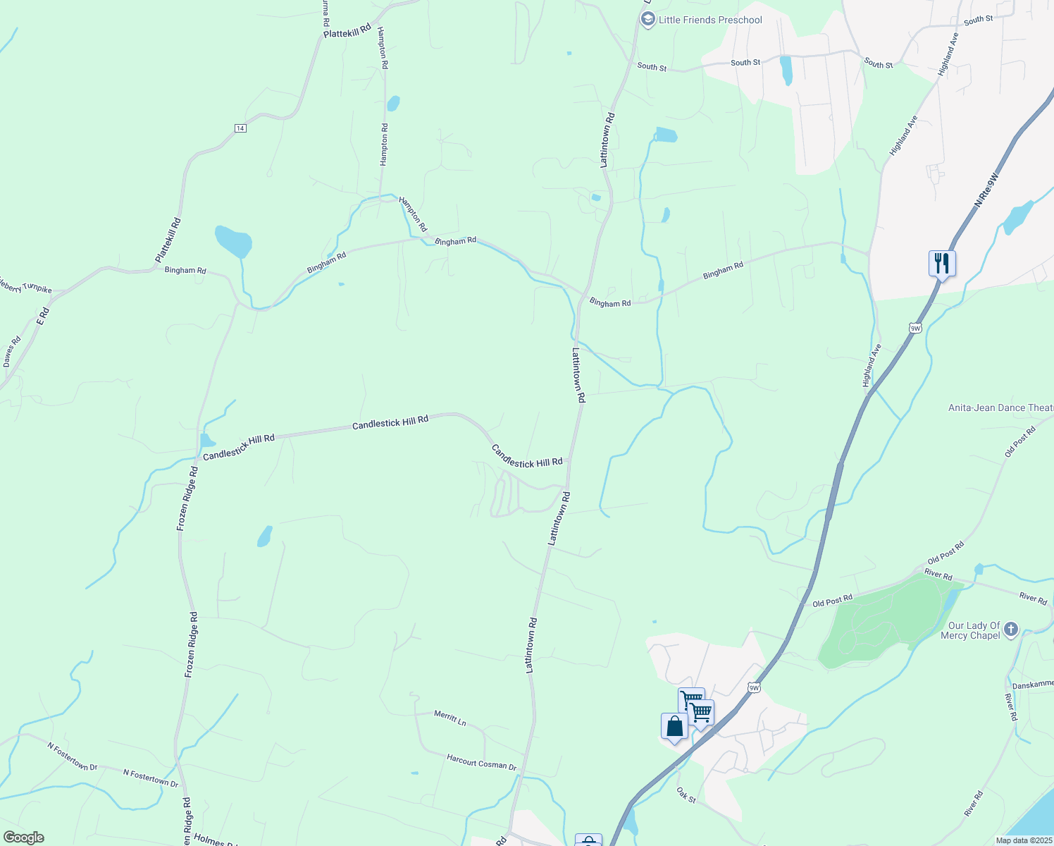 map of restaurants, bars, coffee shops, grocery stores, and more near 5 Madison Rose Court in Newburgh