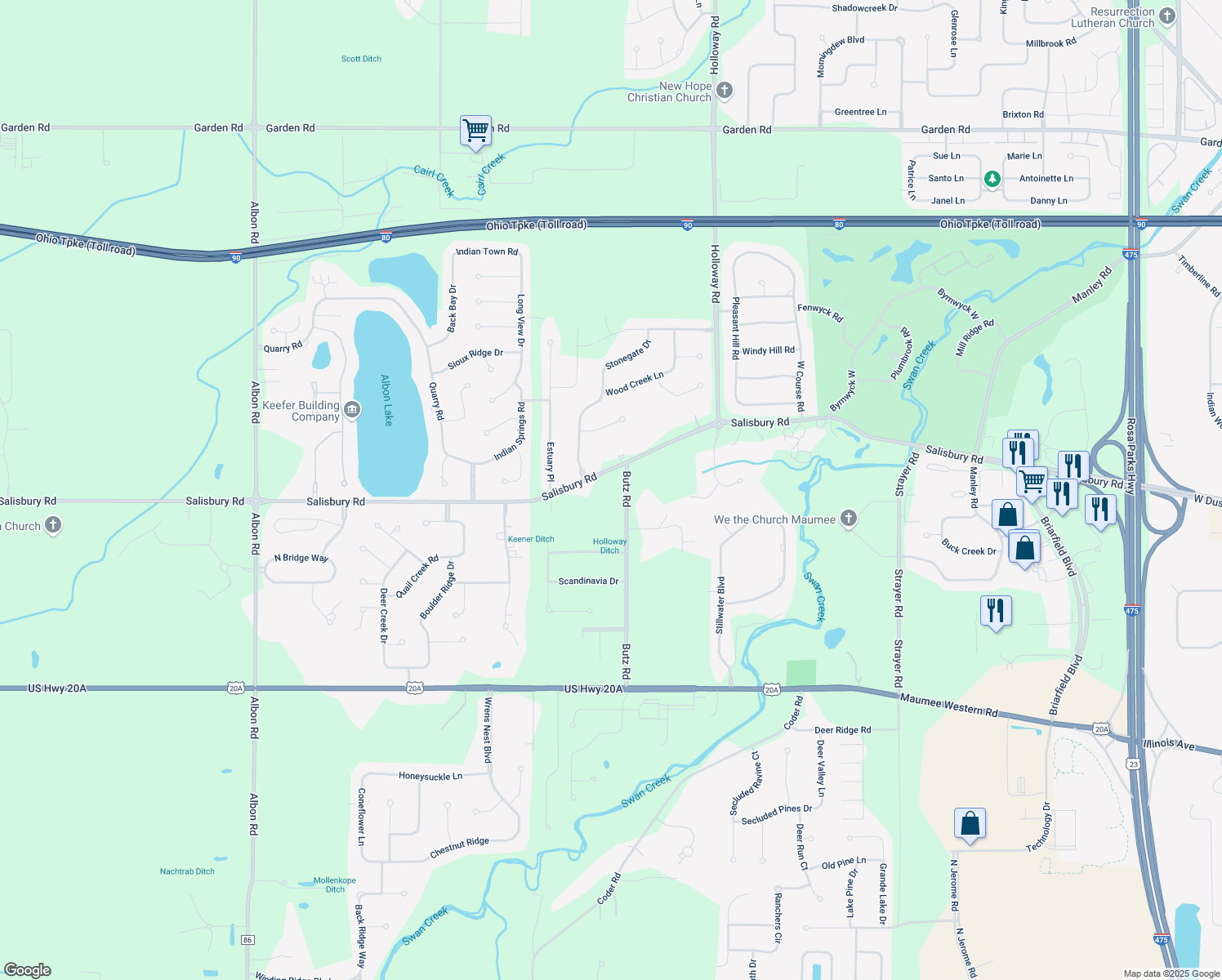 map of restaurants, bars, coffee shops, grocery stores, and more near 3260 Butz Road in Maumee