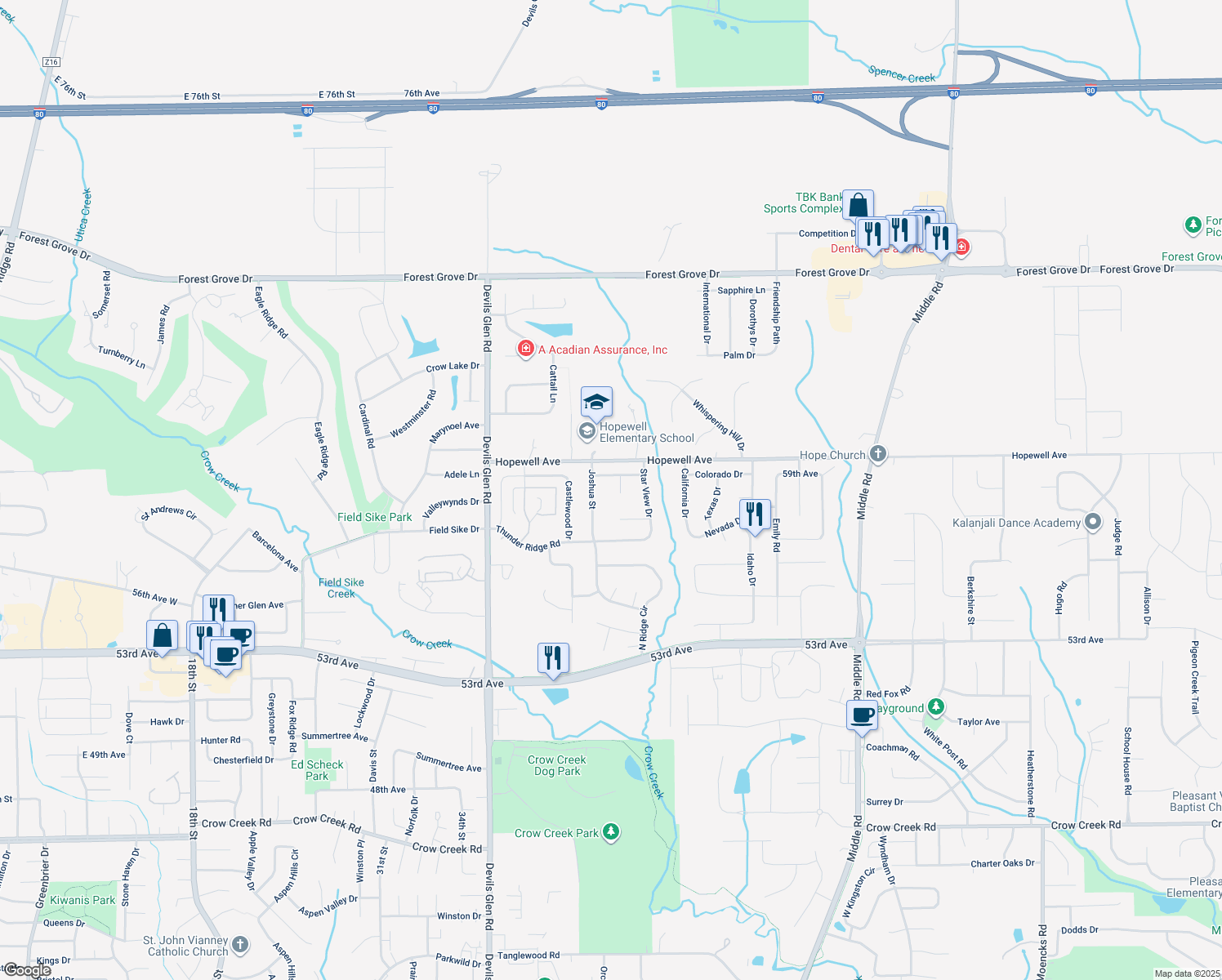 map of restaurants, bars, coffee shops, grocery stores, and more near 5866 Hope View Ct in Bettendorf