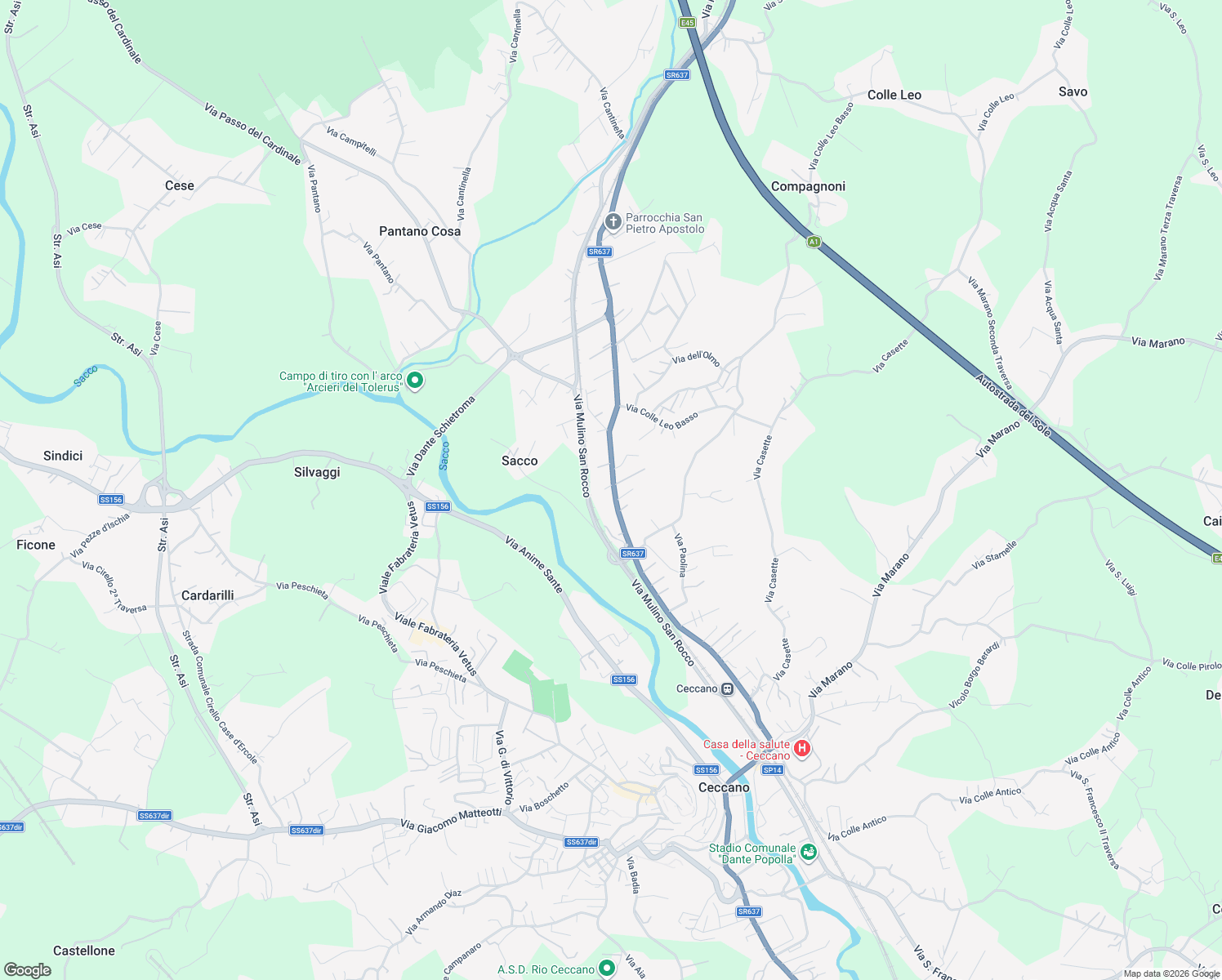 map of restaurants, bars, coffee shops, grocery stores, and more near 350 Via per Frosinone in Ceccano