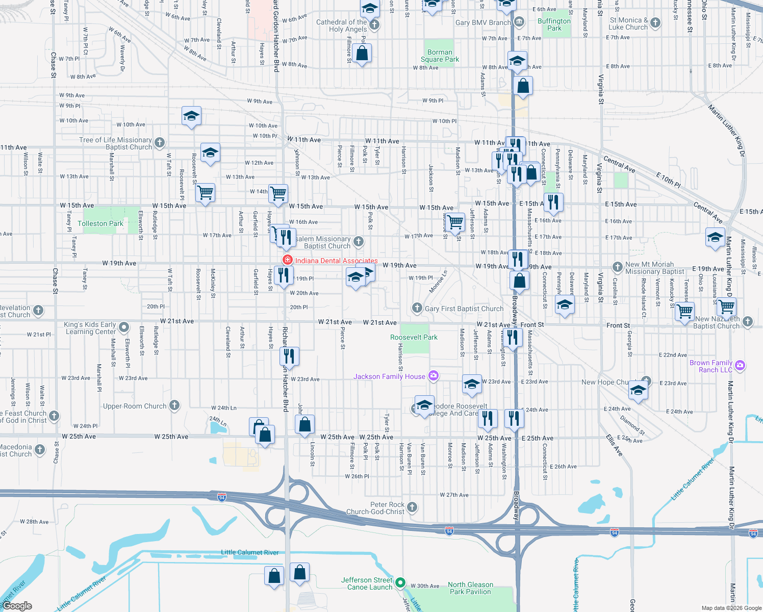 map of restaurants, bars, coffee shops, grocery stores, and more near 863 Charles Hawkins Dr in Gary