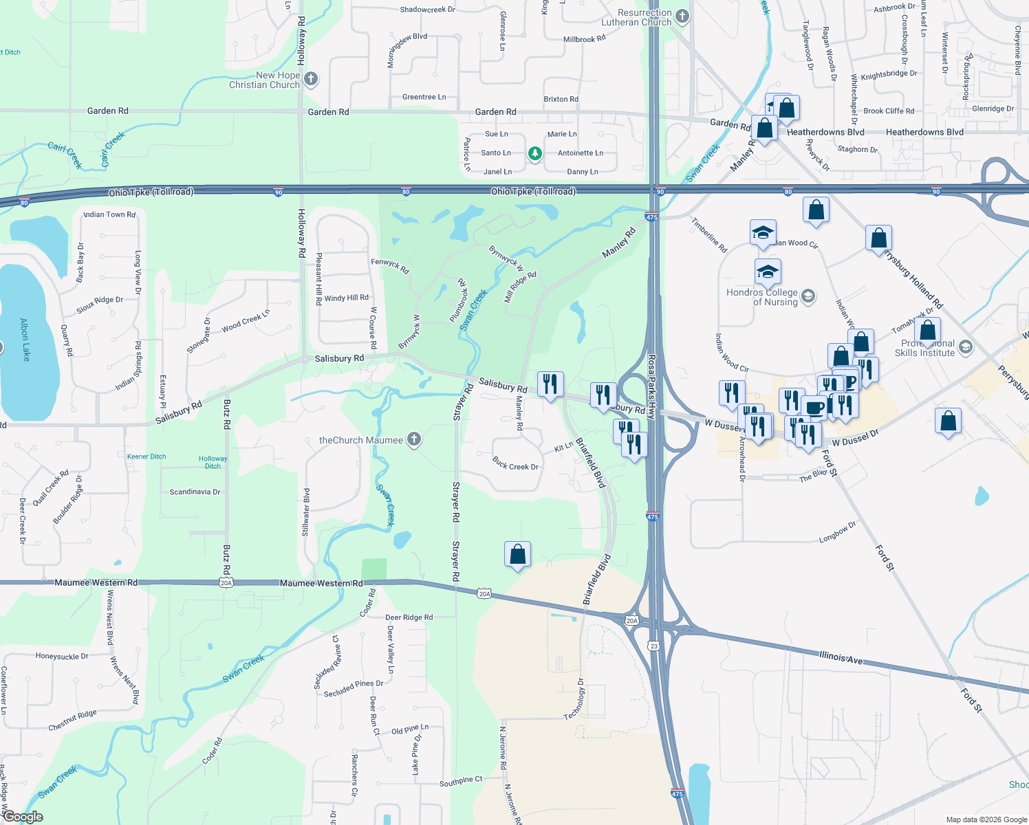 map of restaurants, bars, coffee shops, grocery stores, and more near 6638 Echo Valley in Maumee