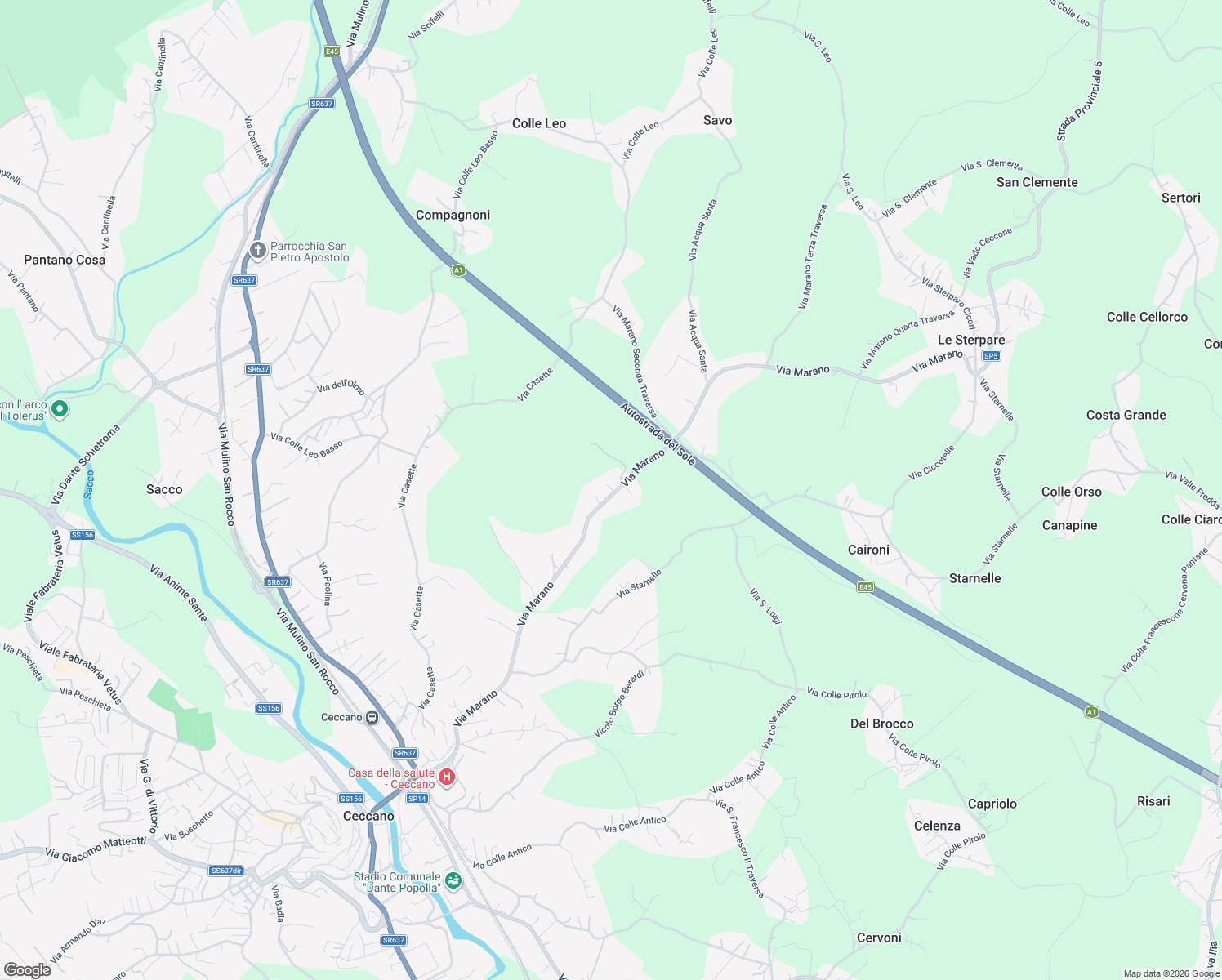 map of restaurants, bars, coffee shops, grocery stores, and more near 369 Via Marano in Ceccano