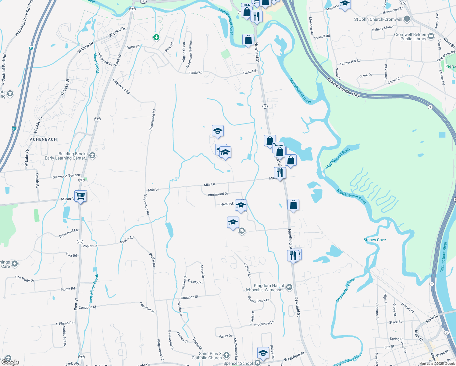 map of restaurants, bars, coffee shops, grocery stores, and more near 332 Mile Lane in Middletown