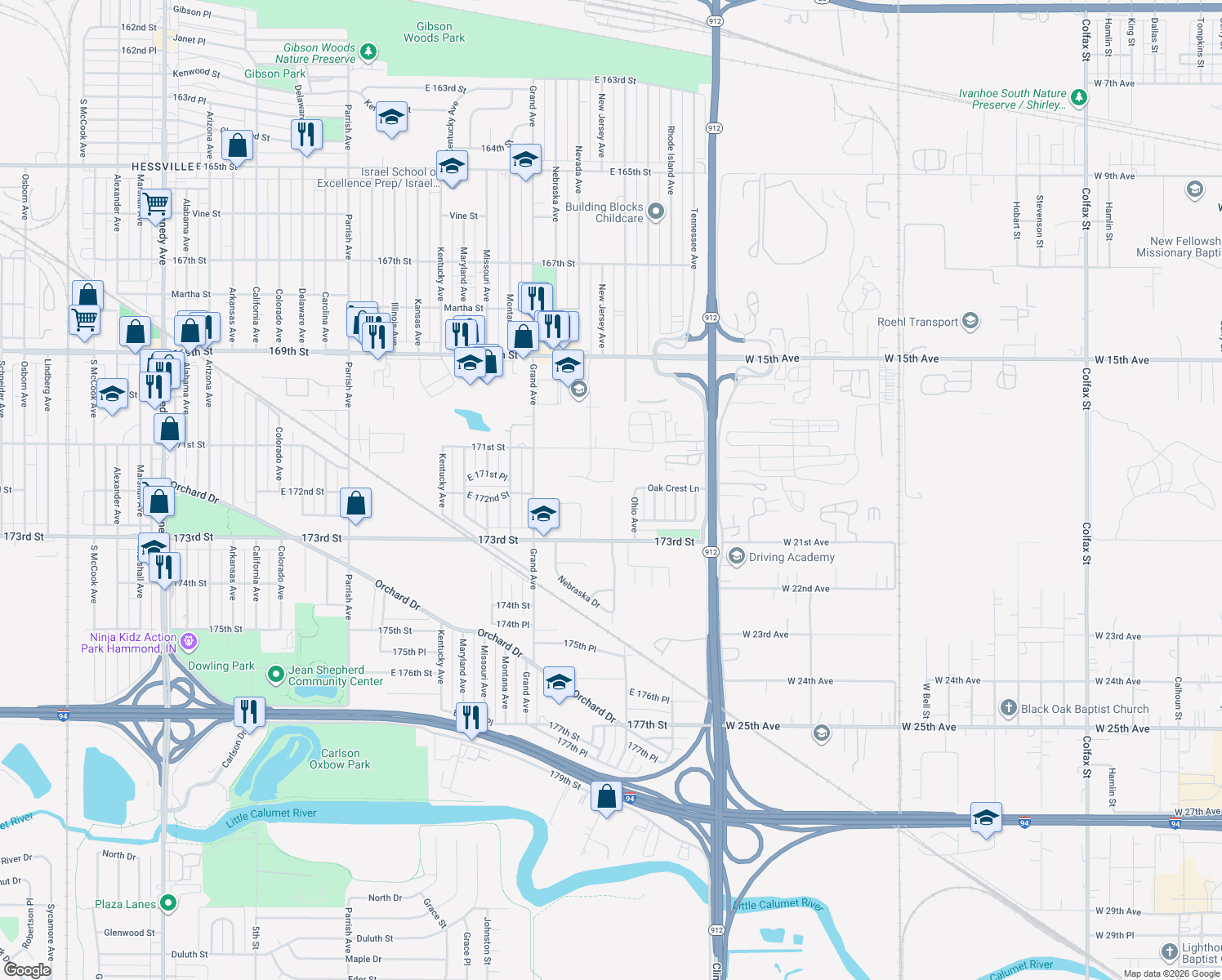map of restaurants, bars, coffee shops, grocery stores, and more near 3738 Higgins Park South Street in Hammond
