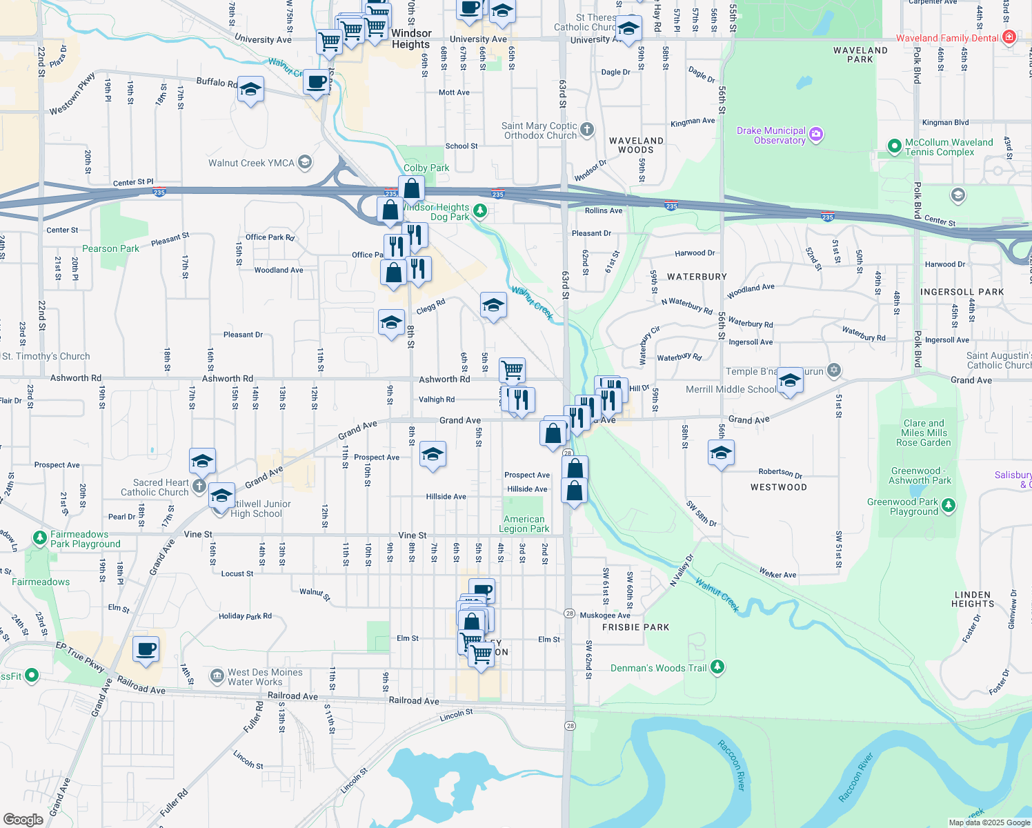 map of restaurants, bars, coffee shops, grocery stores, and more near 305 Grand Ave in West Des Moines