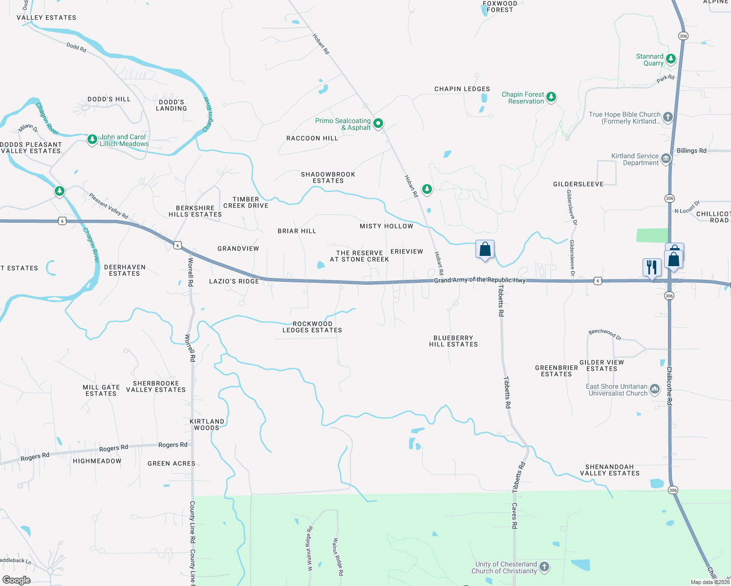 map of restaurants, bars, coffee shops, grocery stores, and more near 7478 Euclid Chardon Road in Kirtland