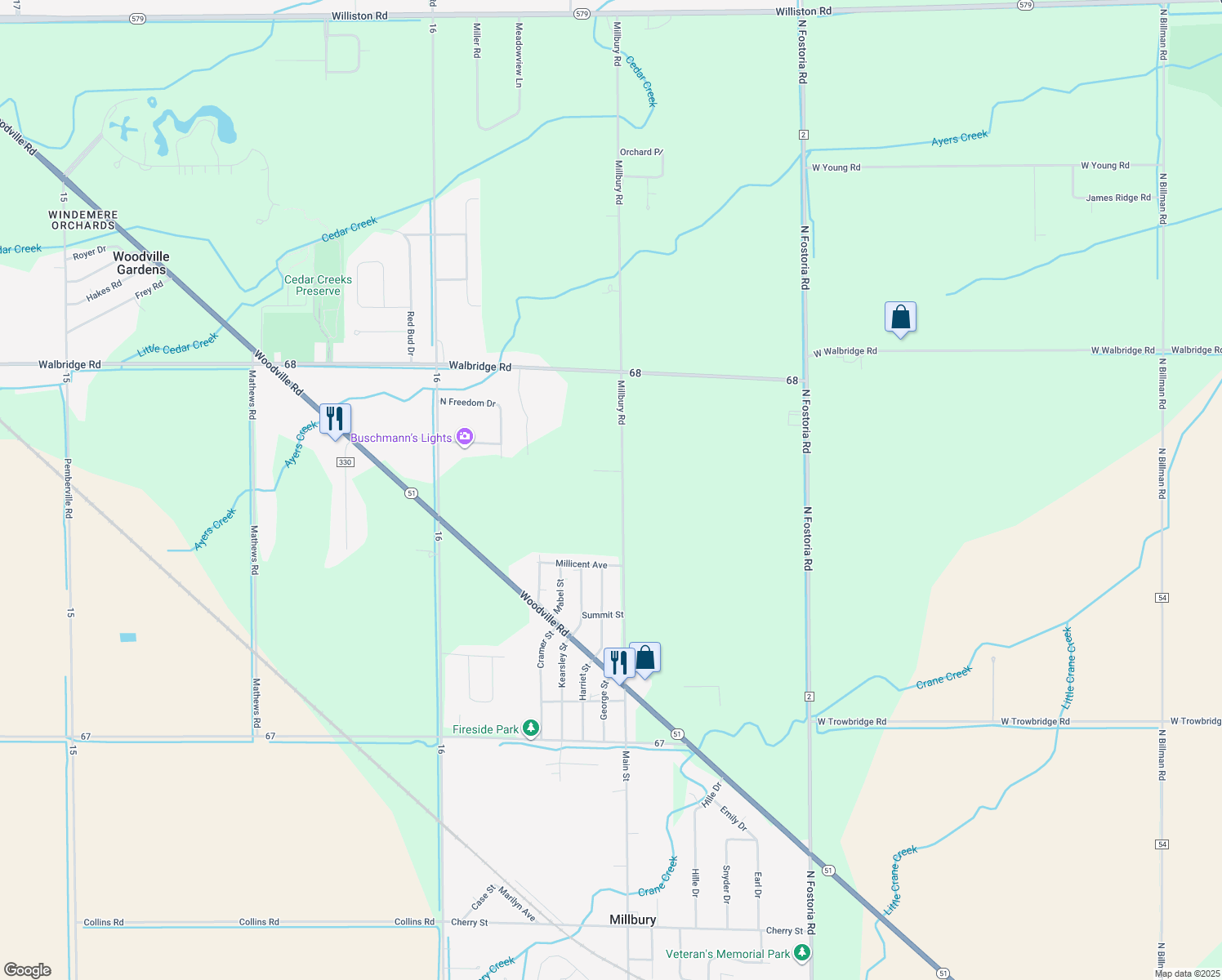 map of restaurants, bars, coffee shops, grocery stores, and more near 29693 Millbury Rd in Millbury