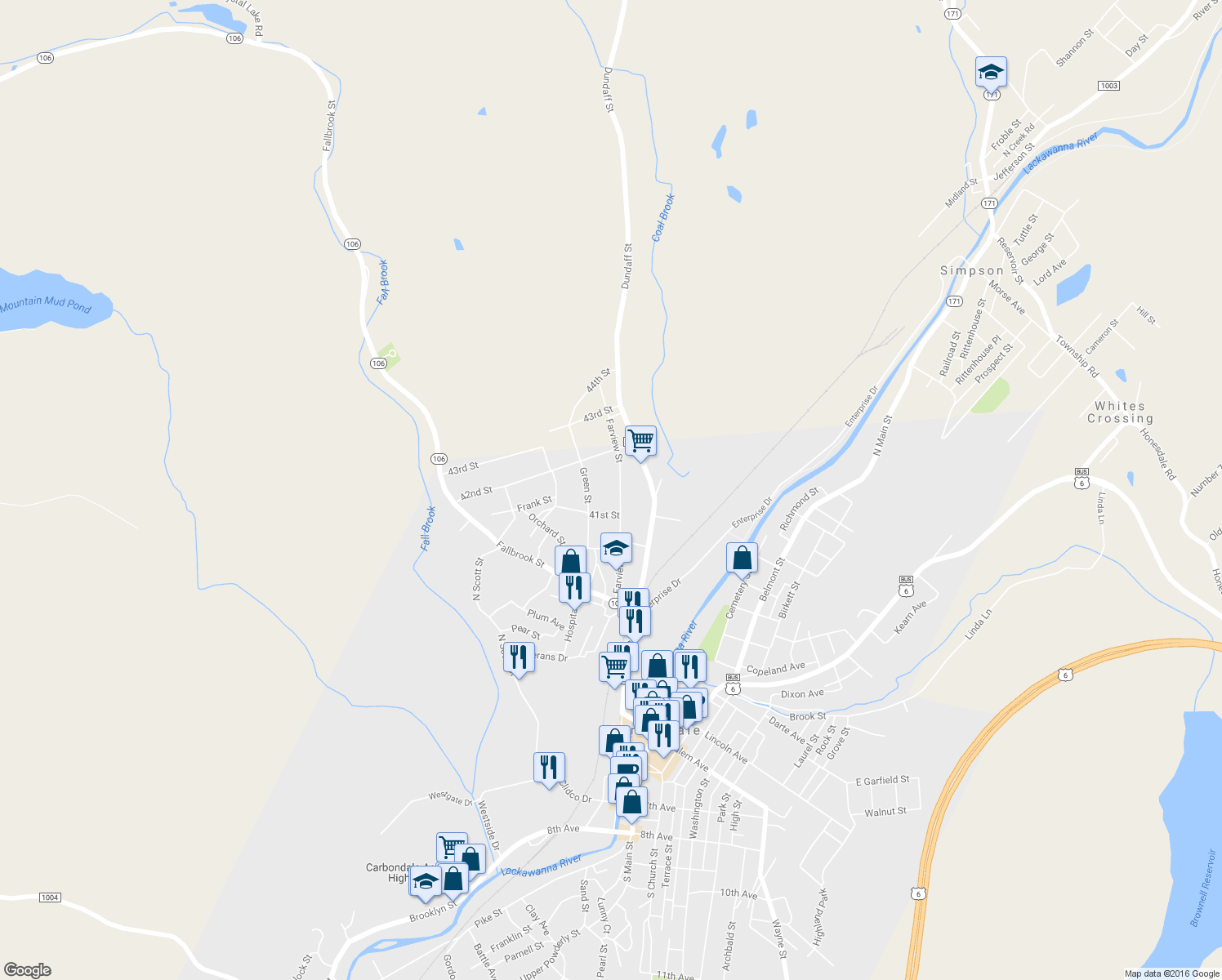 map of restaurants, bars, coffee shops, grocery stores, and more near 109 Farview Street in Carbondale