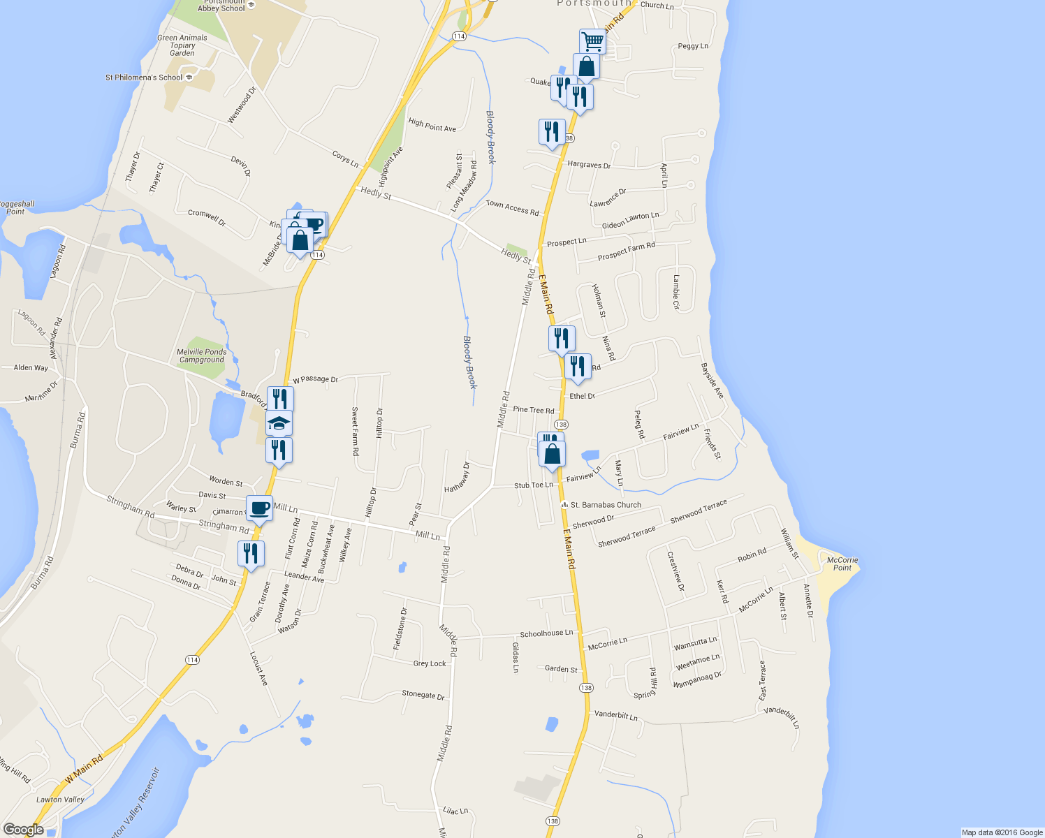 map of restaurants, bars, coffee shops, grocery stores, and more near 14 Cypress Street in Portsmouth