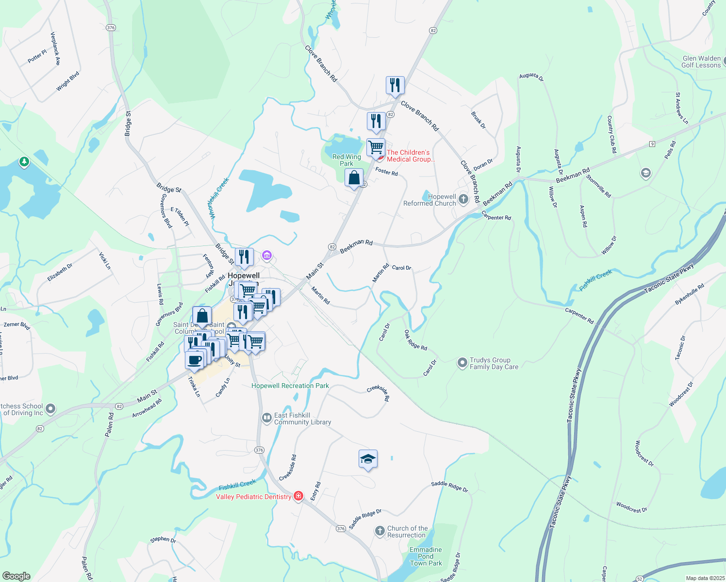 map of restaurants, bars, coffee shops, grocery stores, and more near 126 Martin Road in Hopewell Junction