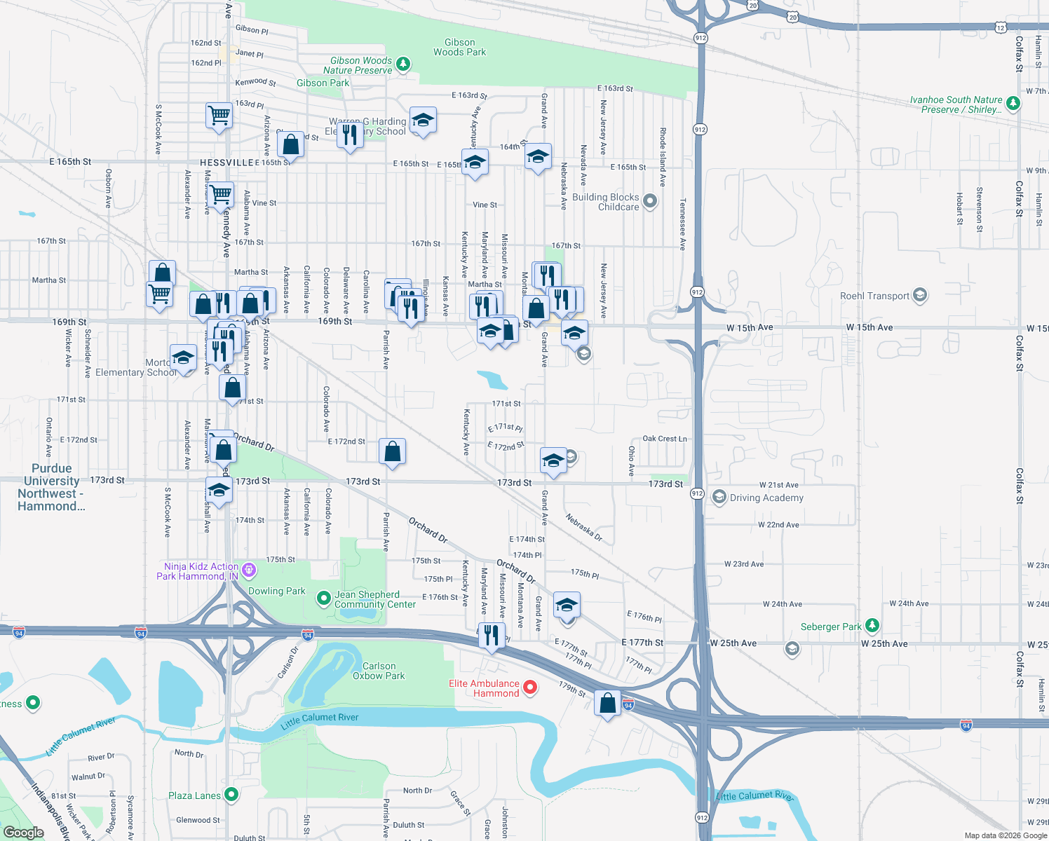 map of restaurants, bars, coffee shops, grocery stores, and more near 7124 Montana Avenue in Hammond