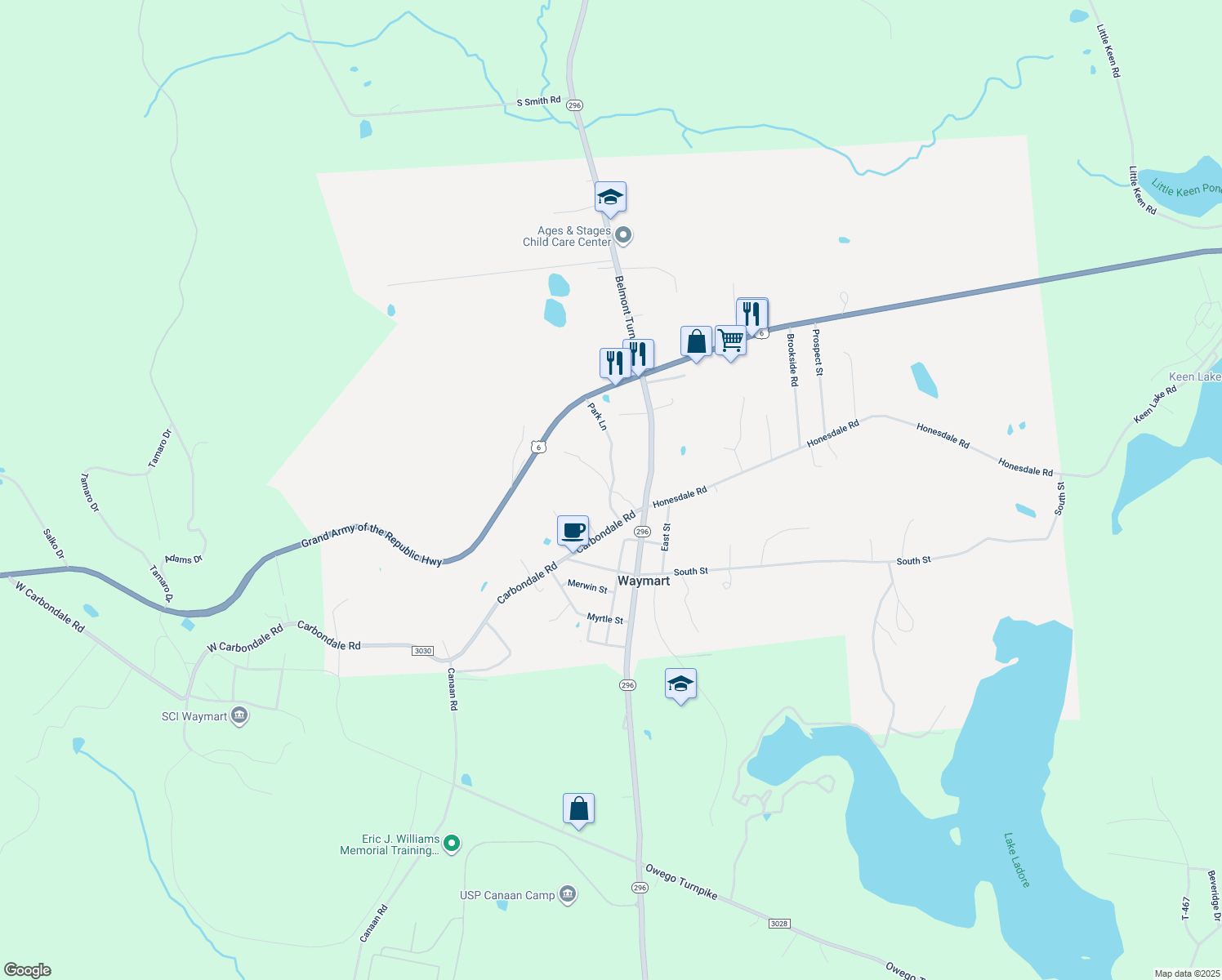 map of restaurants, bars, coffee shops, grocery stores, and more near 14 Park Ln in Waymart