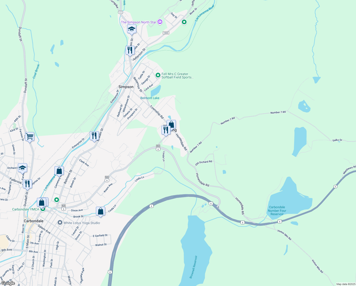 map of restaurants, bars, coffee shops, grocery stores, and more near 60 Honesdale Road in Carbondale