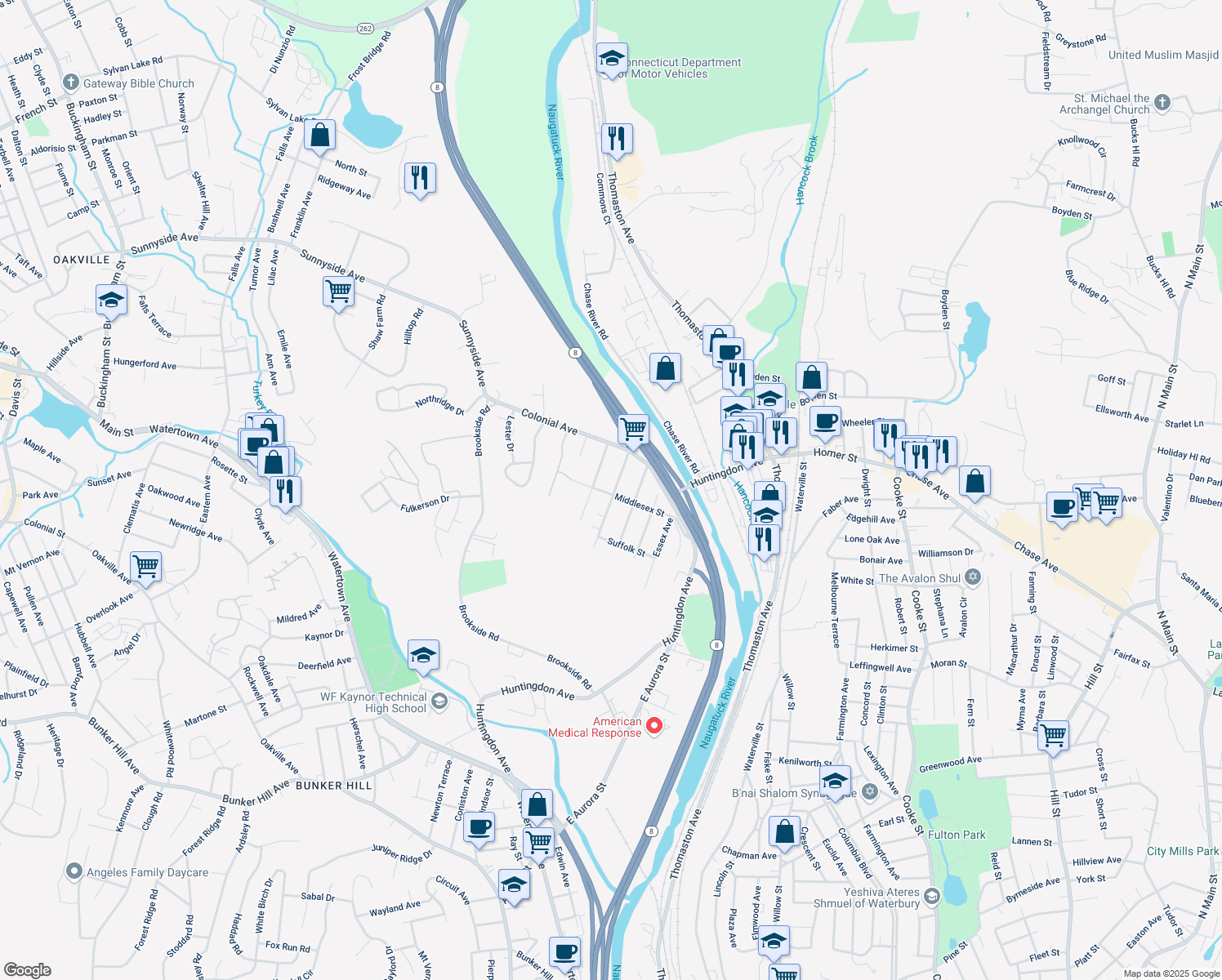 map of restaurants, bars, coffee shops, grocery stores, and more near 92 Middlesex Street in Waterbury