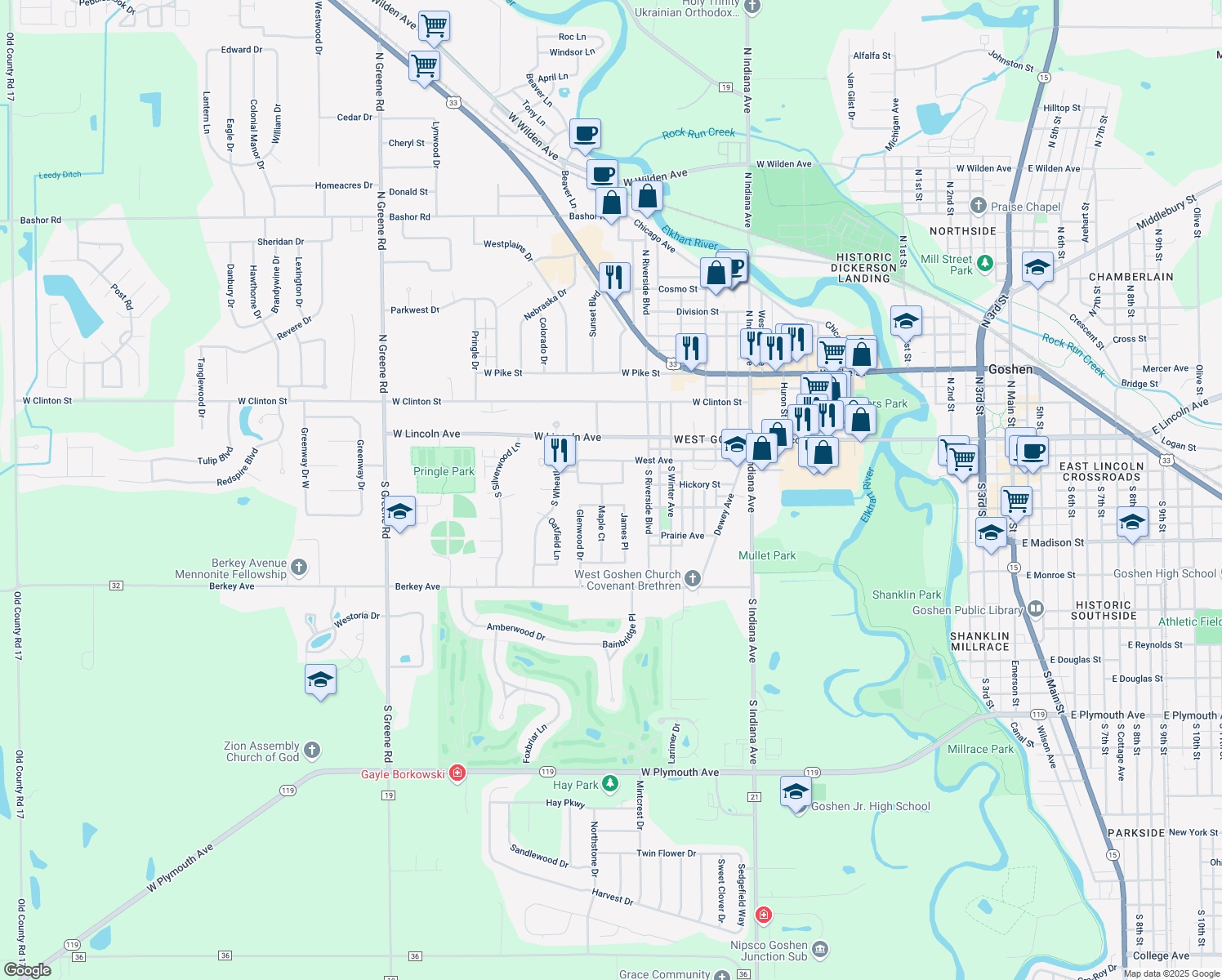 map of restaurants, bars, coffee shops, grocery stores, and more near 1506 Hickory Pl in Goshen