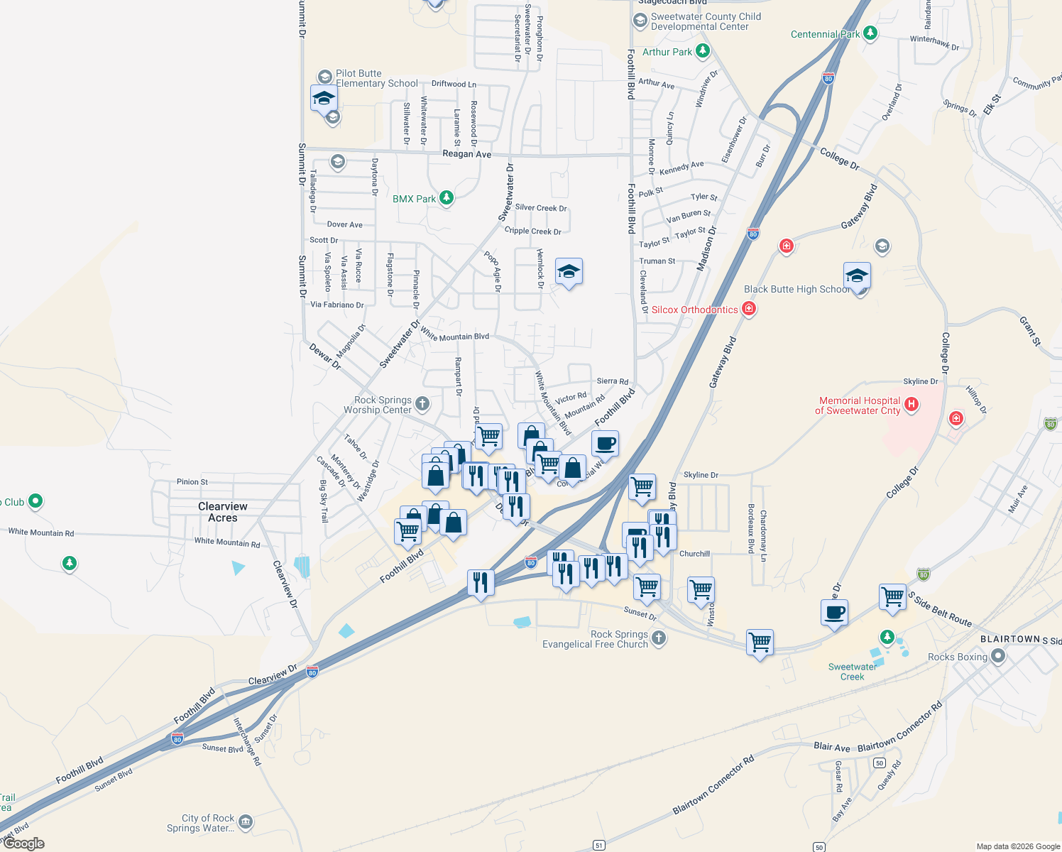 map of restaurants, bars, coffee shops, grocery stores, and more near 311 Peak Rd in Rock Springs