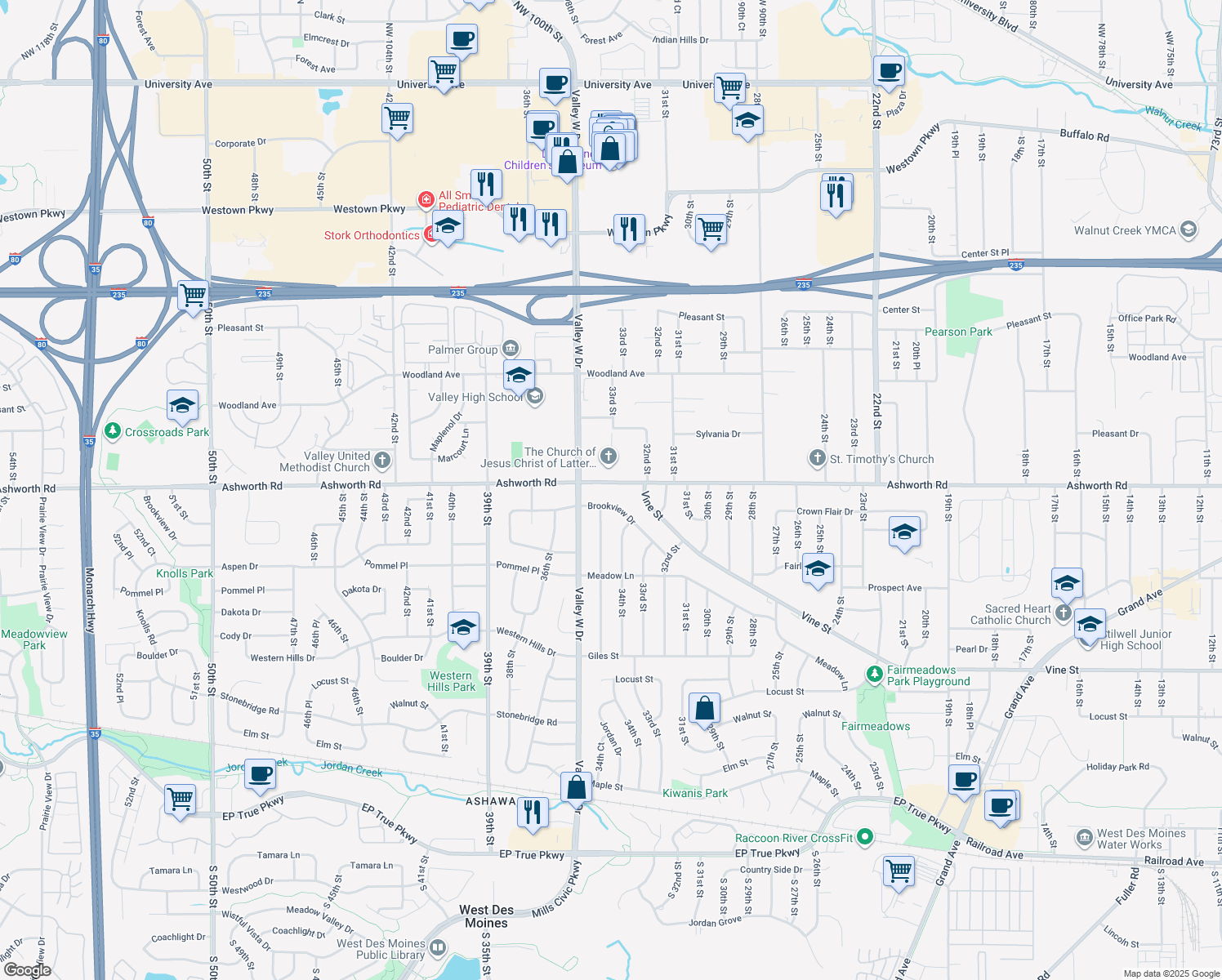 map of restaurants, bars, coffee shops, grocery stores, and more near 3408 Ashworth Road in West Des Moines