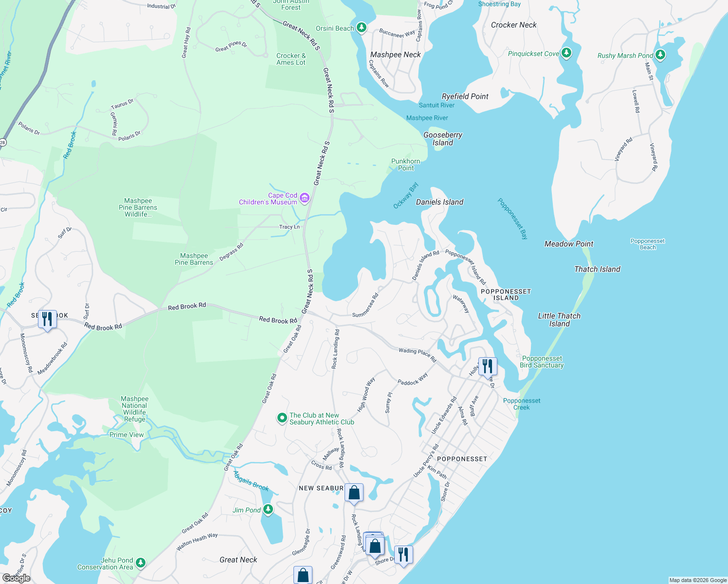 map of restaurants, bars, coffee shops, grocery stores, and more near 35 Little Neck Lane in Mashpee