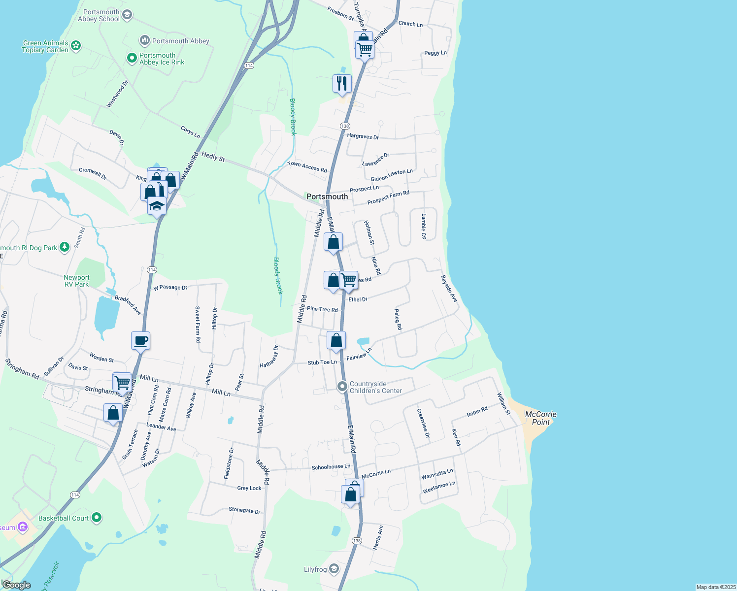 map of restaurants, bars, coffee shops, grocery stores, and more near 56 Ethel Drive in Portsmouth
