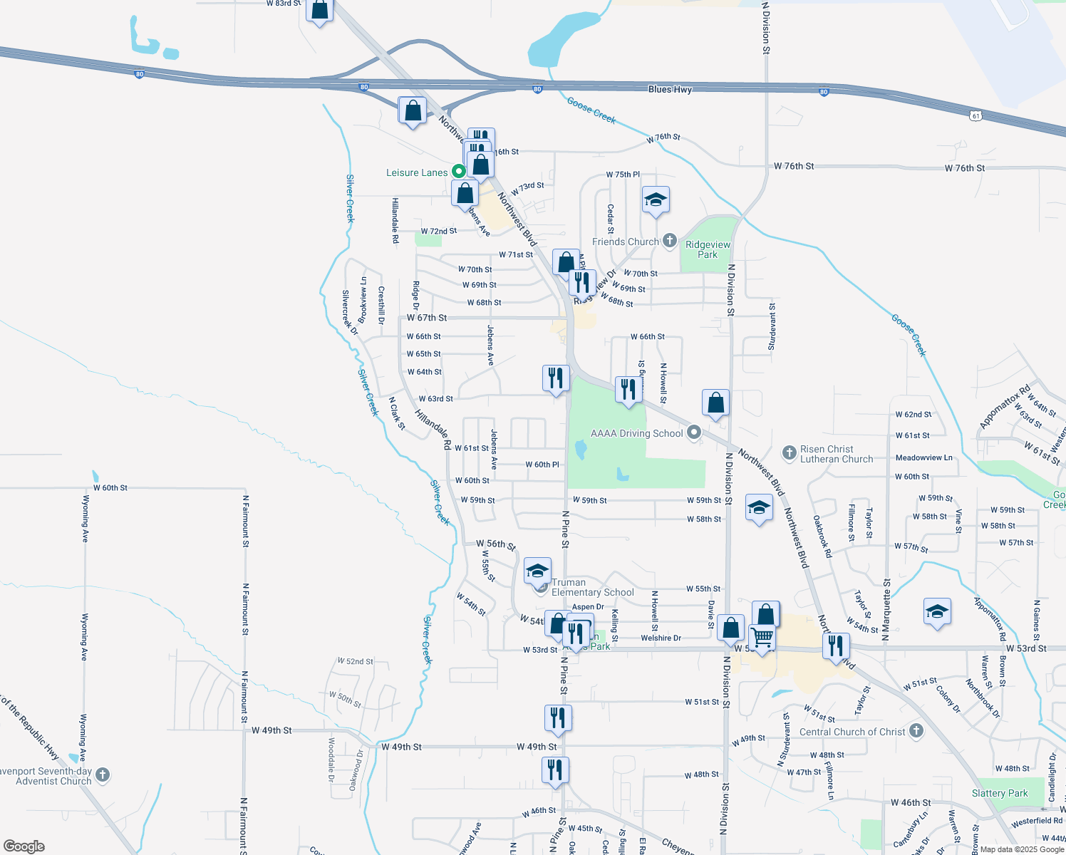 map of restaurants, bars, coffee shops, grocery stores, and more near 6133 N Hancock Ave in Davenport