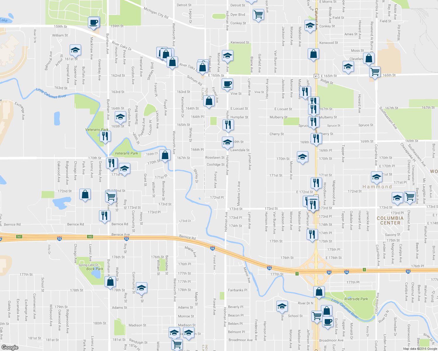 map of restaurants, bars, coffee shops, grocery stores, and more near 7105 Forest Avenue in Hammond