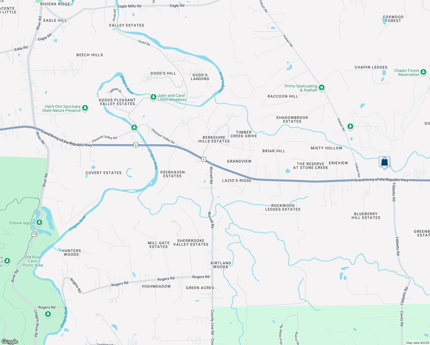 map of restaurants, bars, coffee shops, grocery stores, and more near 10535 Worrell Road in Kirtland