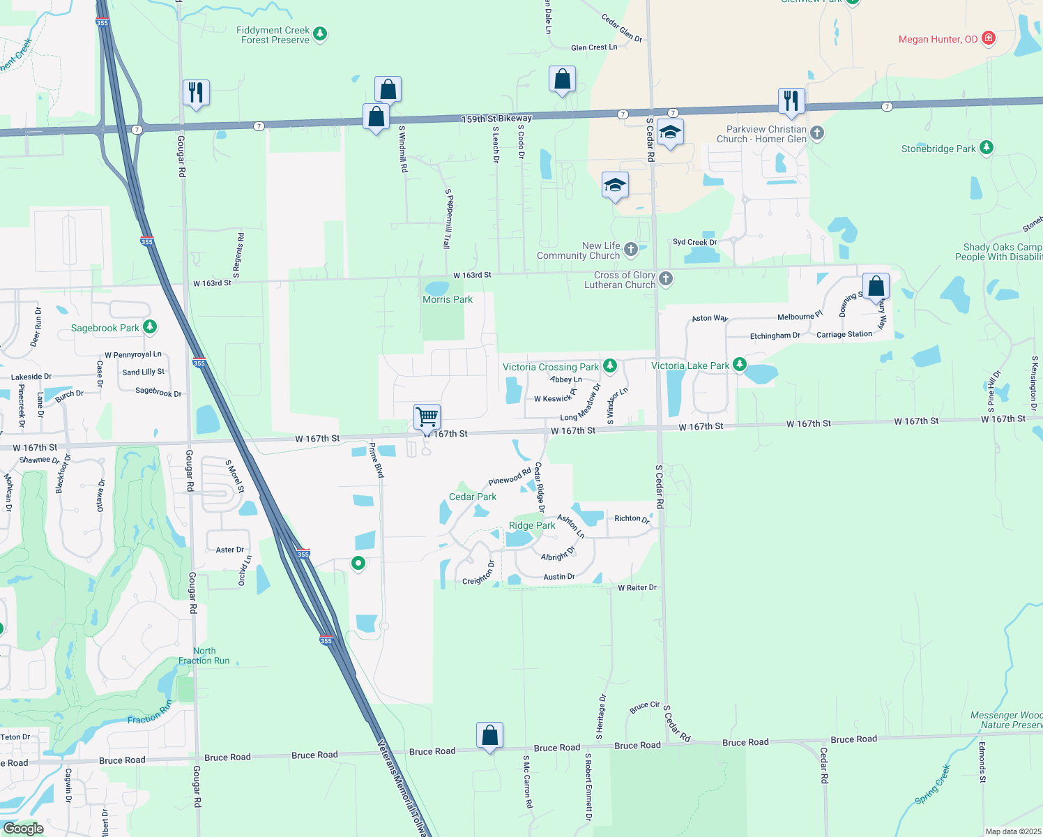 map of restaurants, bars, coffee shops, grocery stores, and more near 15157 Long Meadow Ct in Lockport