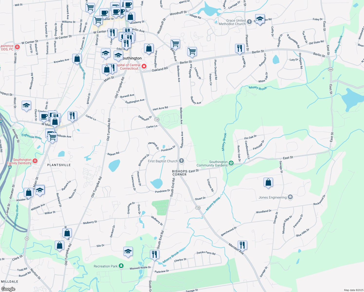 map of restaurants, bars, coffee shops, grocery stores, and more near 391 Belleview Ave in Southington