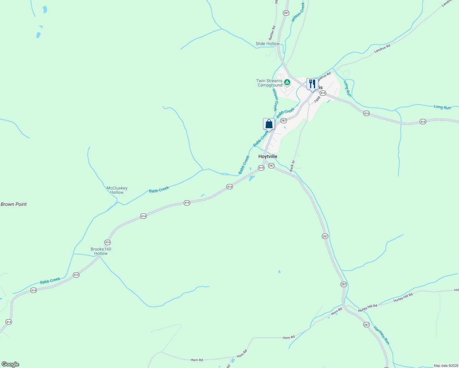 map of restaurants, bars, coffee shops, grocery stores, and more near 3159 Highway 414 in Tioga