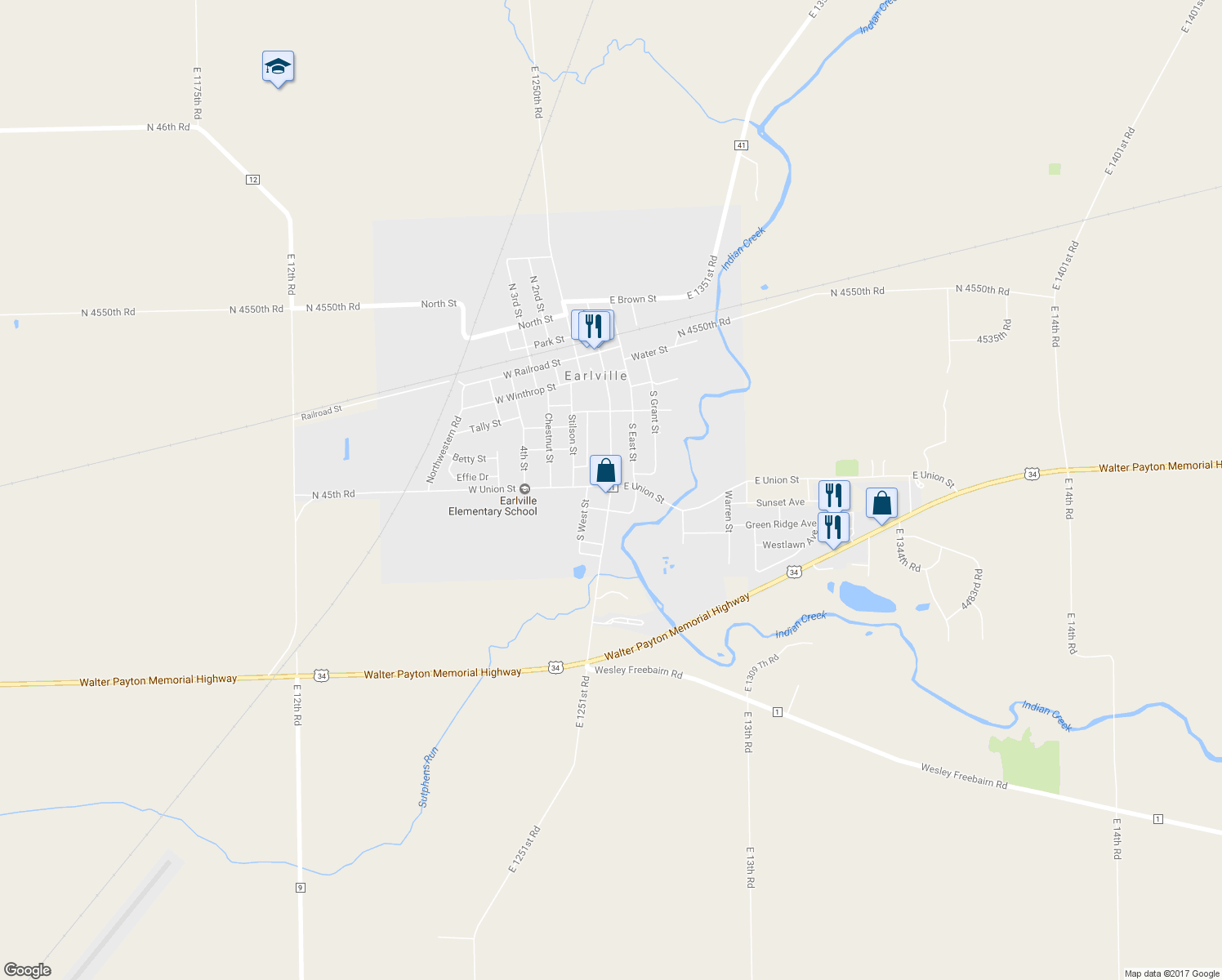 map of restaurants, bars, coffee shops, grocery stores, and more near 714 South Ottawa Street in Earlville