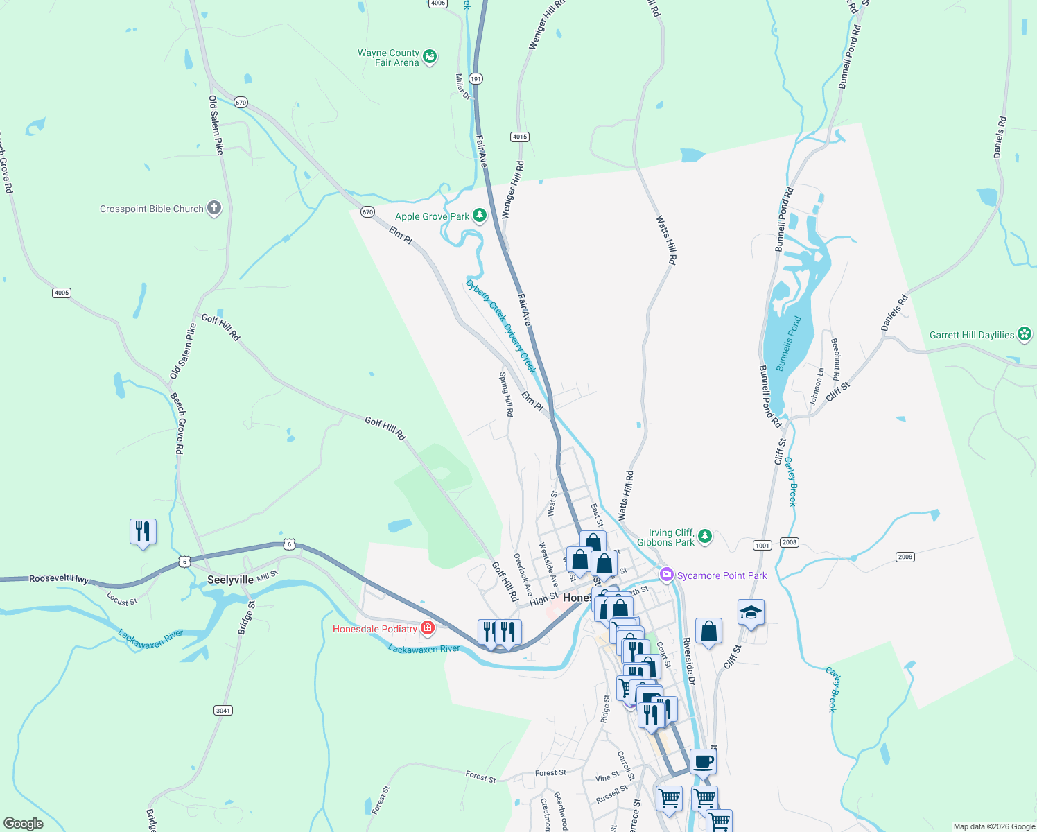 map of restaurants, bars, coffee shops, grocery stores, and more near 206 Spring Hill Road in Honesdale