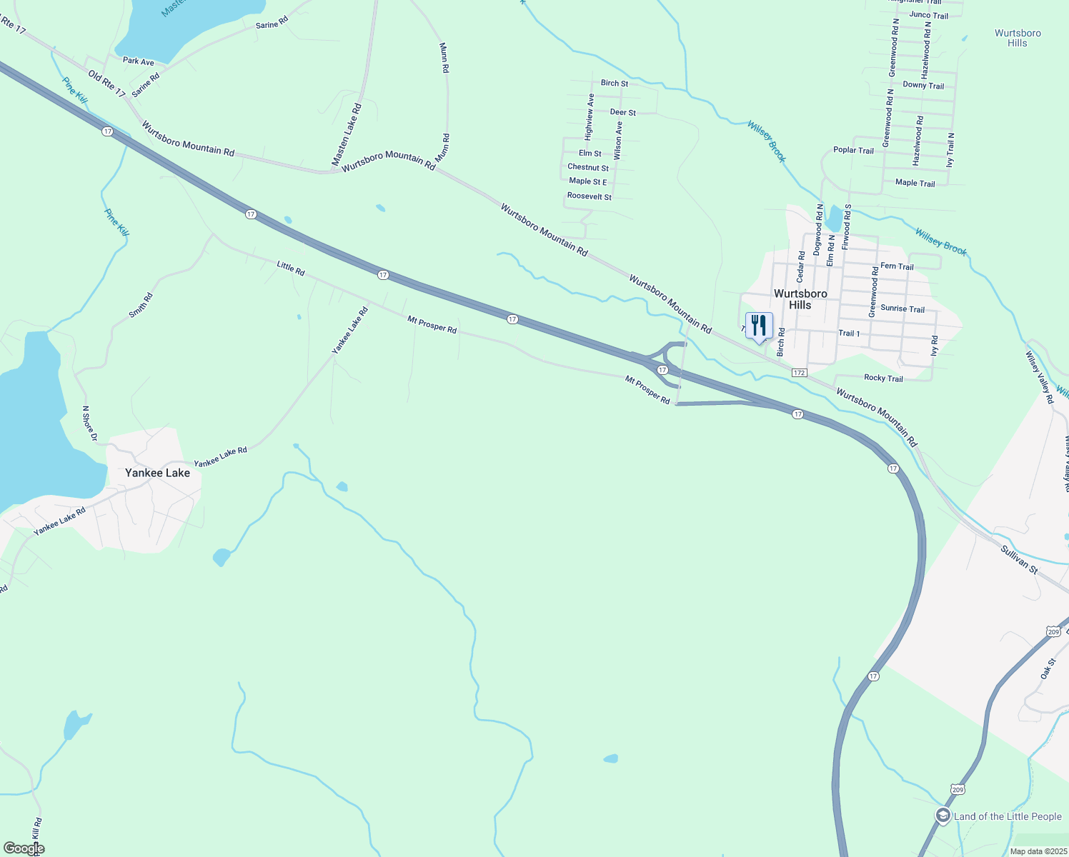 map of restaurants, bars, coffee shops, grocery stores, and more near 25 Mount Prosper Road in Wurtsboro