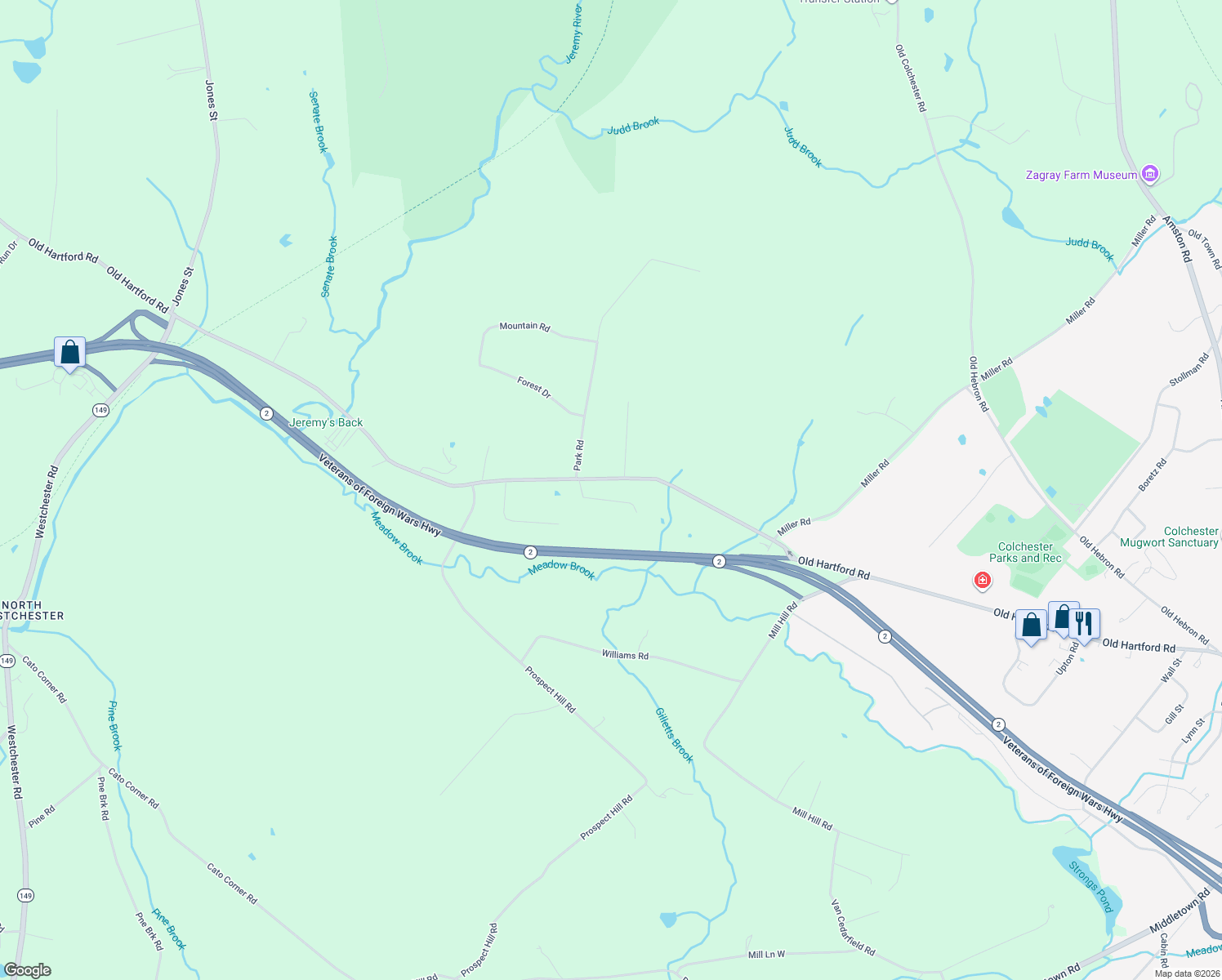 map of restaurants, bars, coffee shops, grocery stores, and more near 531 Old Hartford Road in Colchester