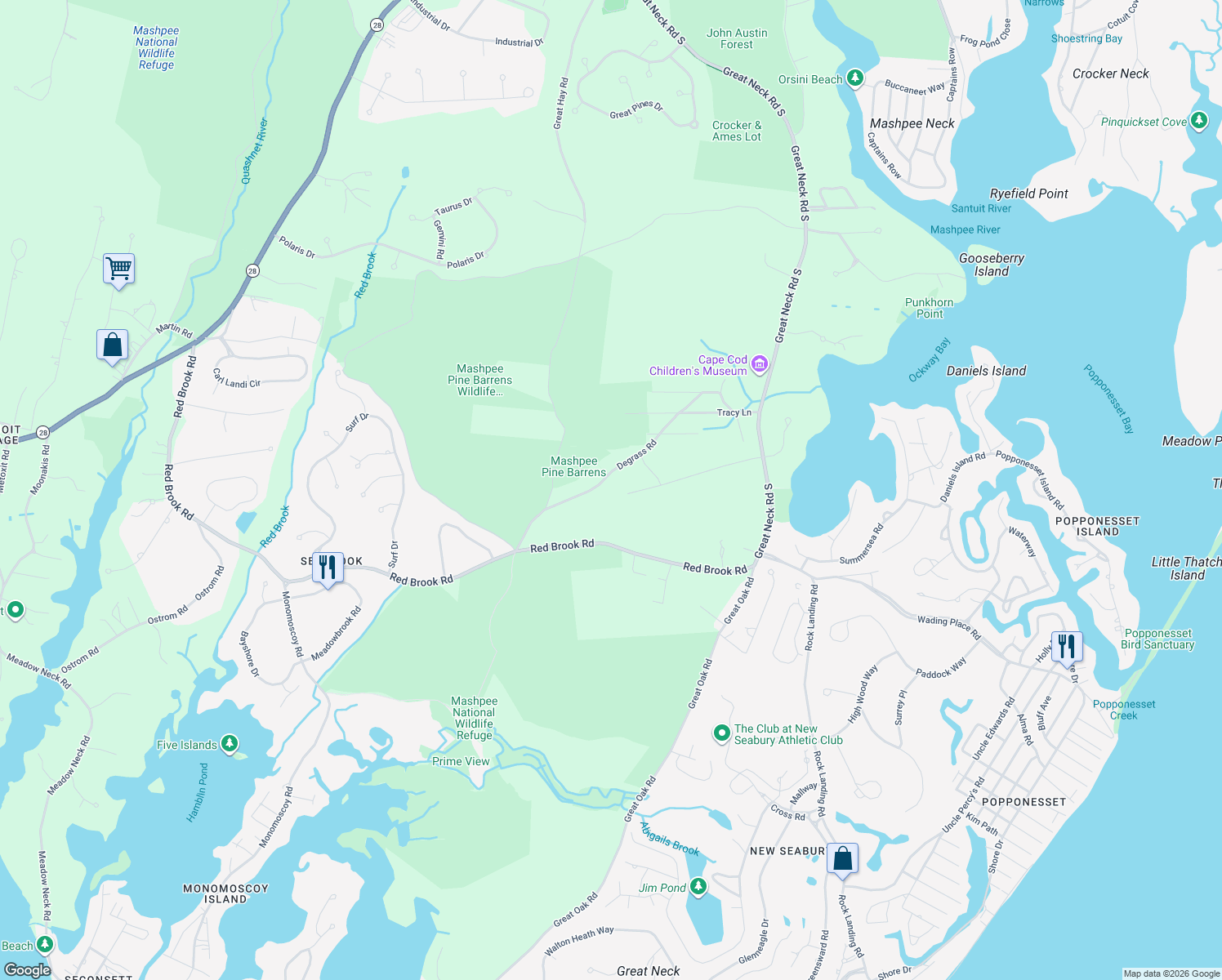 map of restaurants, bars, coffee shops, grocery stores, and more near 96 Degrass Road in Mashpee