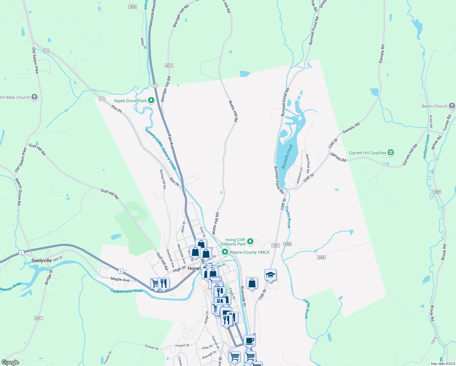 map of restaurants, bars, coffee shops, grocery stores, and more near 118 Watts Hill Road in Honesdale