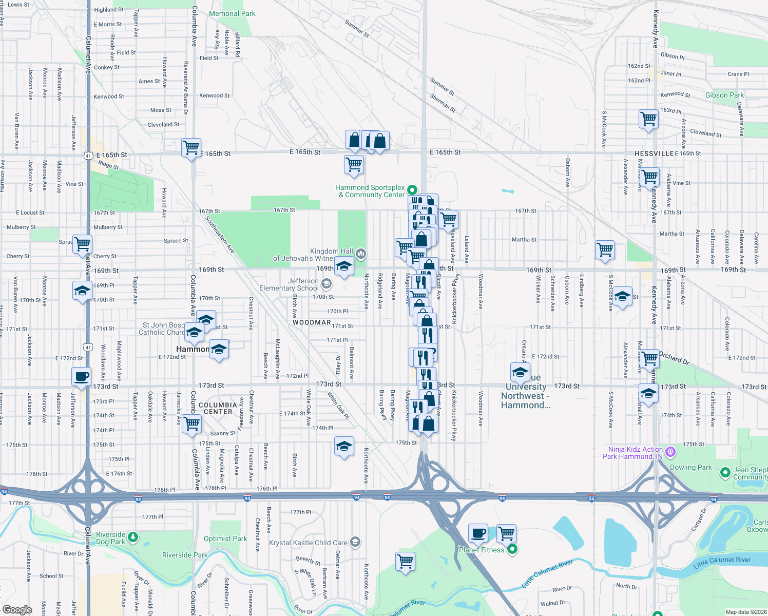 map of restaurants, bars, coffee shops, grocery stores, and more near 7019 Ridgeland Ave in Hammond