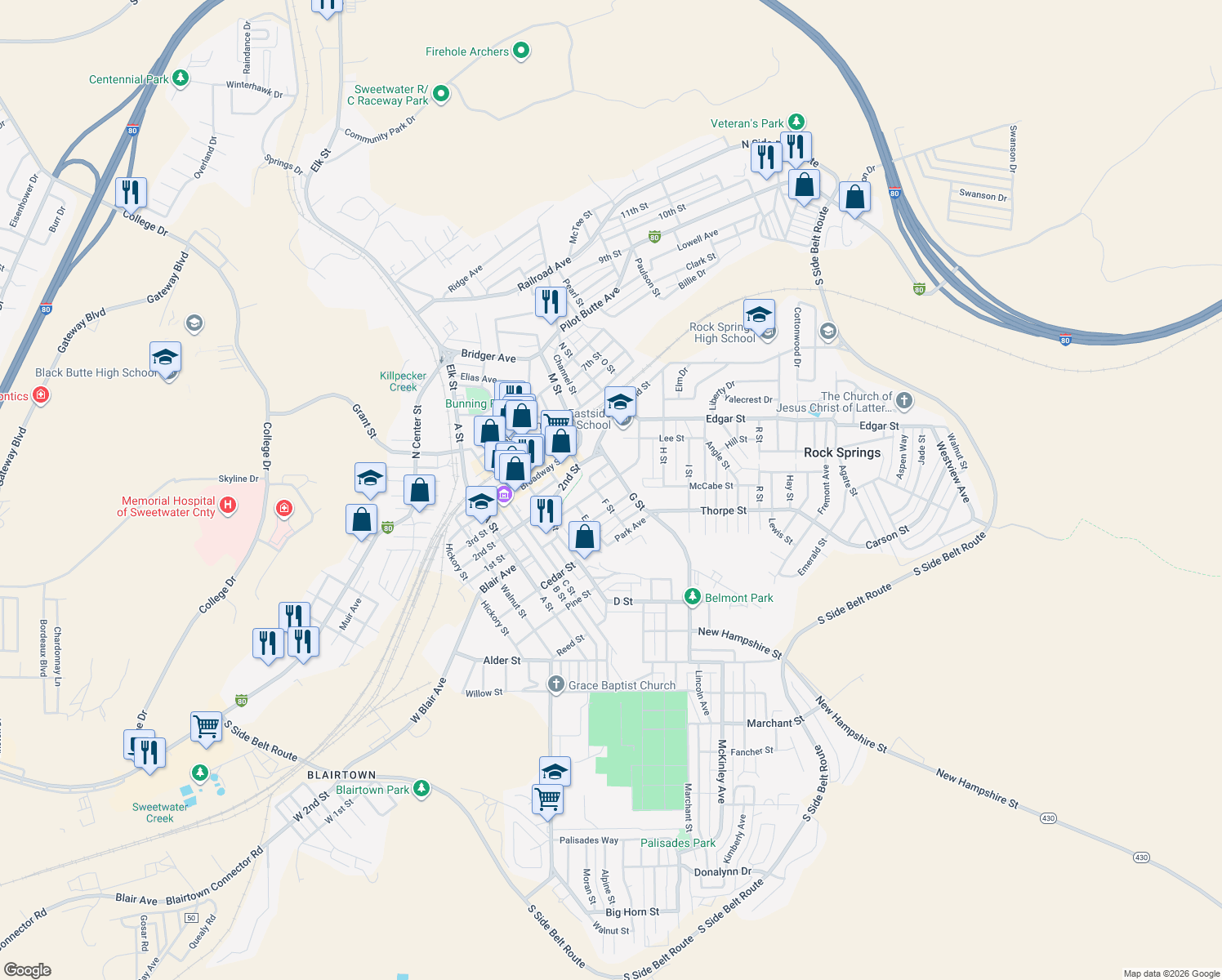 map of restaurants, bars, coffee shops, grocery stores, and more near 710 Gobel St in Rock Springs