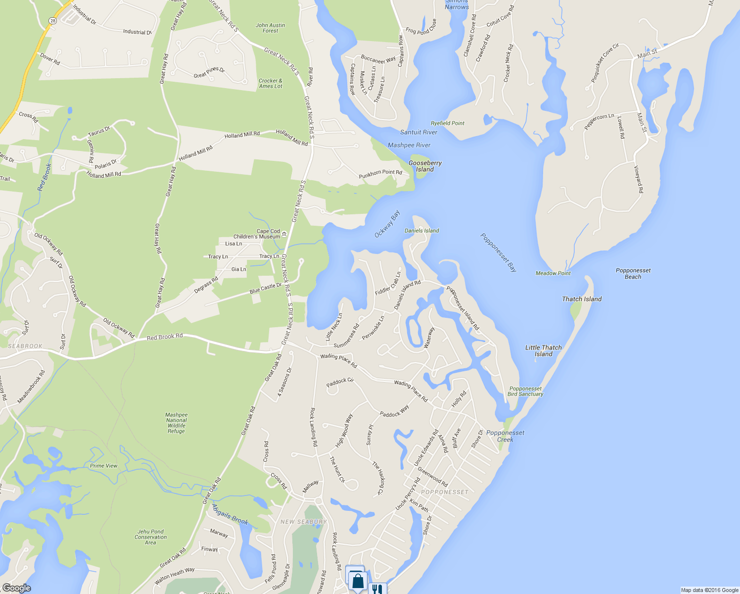 map of restaurants, bars, coffee shops, grocery stores, and more near 102 Summersea Road in Mashpee