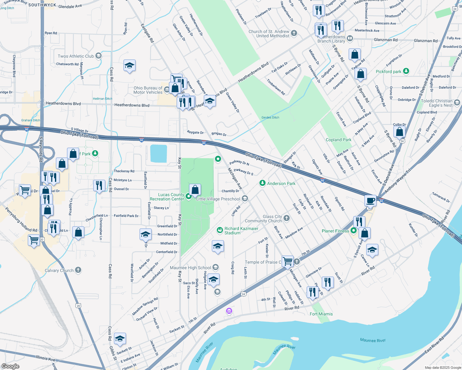 map of restaurants, bars, coffee shops, grocery stores, and more near 1321 Antietam Ct in Maumee