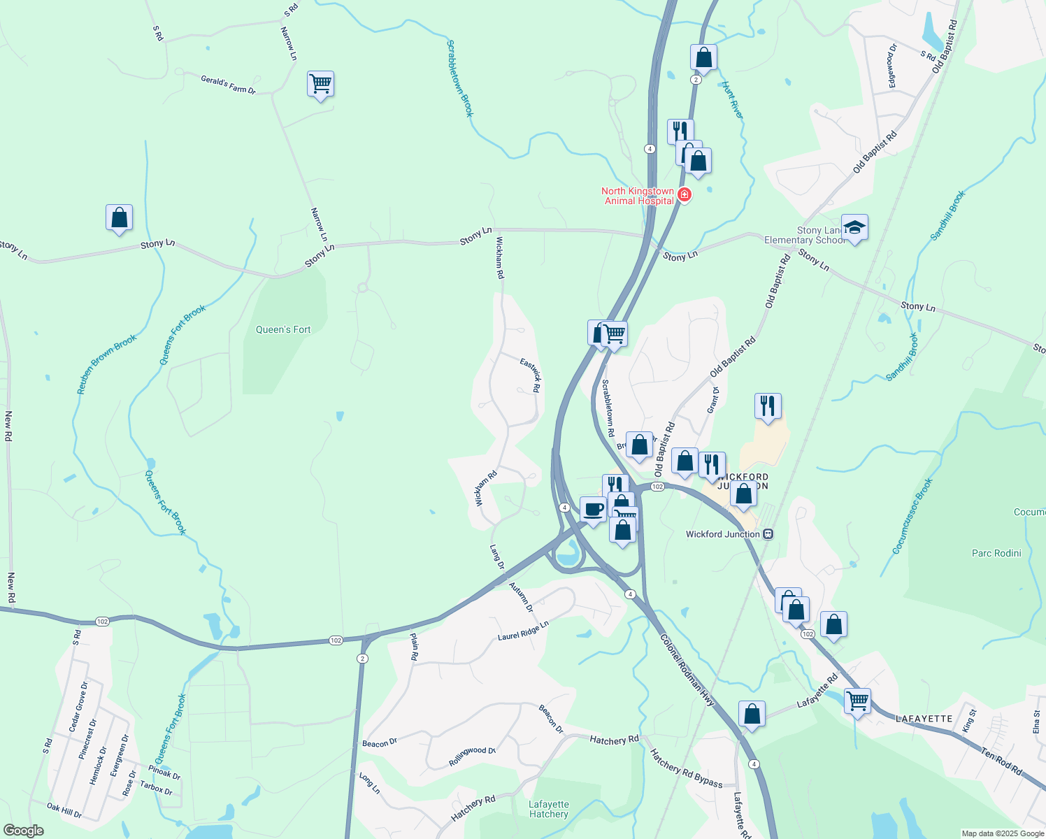map of restaurants, bars, coffee shops, grocery stores, and more near 26 Eastwick Road in North Kingstown