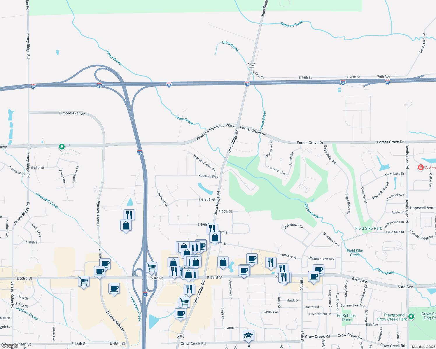 map of restaurants, bars, coffee shops, grocery stores, and more near 4034 Kathleen Way in Davenport